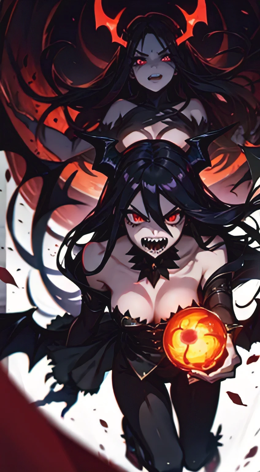 beautiful demon woman with long black hair, sharp teeth, furious, battle, glowing red eyes, bat wings on back, ram horns, angry, fight, fireball, hazbin hotel