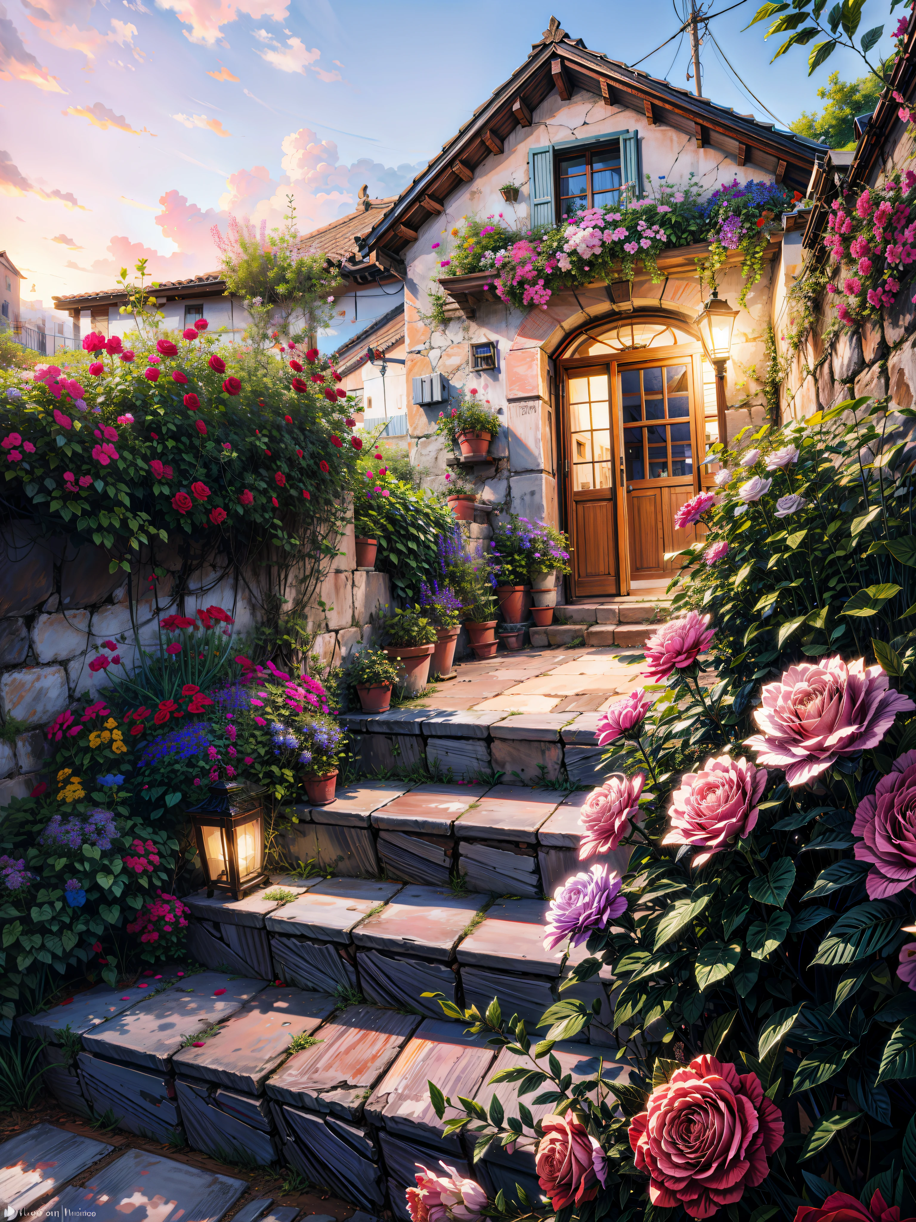 painting of a beautiful house front decorate with many roses,pink and half glass door, stone pathway,small stairs to the door, hanging door lamps, sunkissed image,flowers, beautiful art uhd 4 k, a beautiful artwork illustration, beautiful digital painting, highly detailed digital painting, beautiful digital artwork, a bustling magical town, mediterranean fisher village, mediterranean city, detailed painting 4 k, ancient mediterranean village, very detailed digital painting, rich picturesque colors, gorgeous digital painting