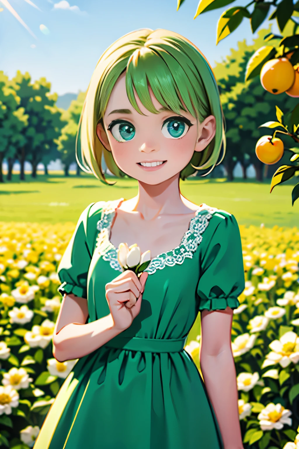 Masterpiece, Best quality, 8k, 18 ans, Photo brute, absurdes, Award-winning portrait, sourire, sourire, pure, italian, elegant vibrant green dress, spring, orchard in bloom, laces, famous singer, cute, fit, healthy, lovely