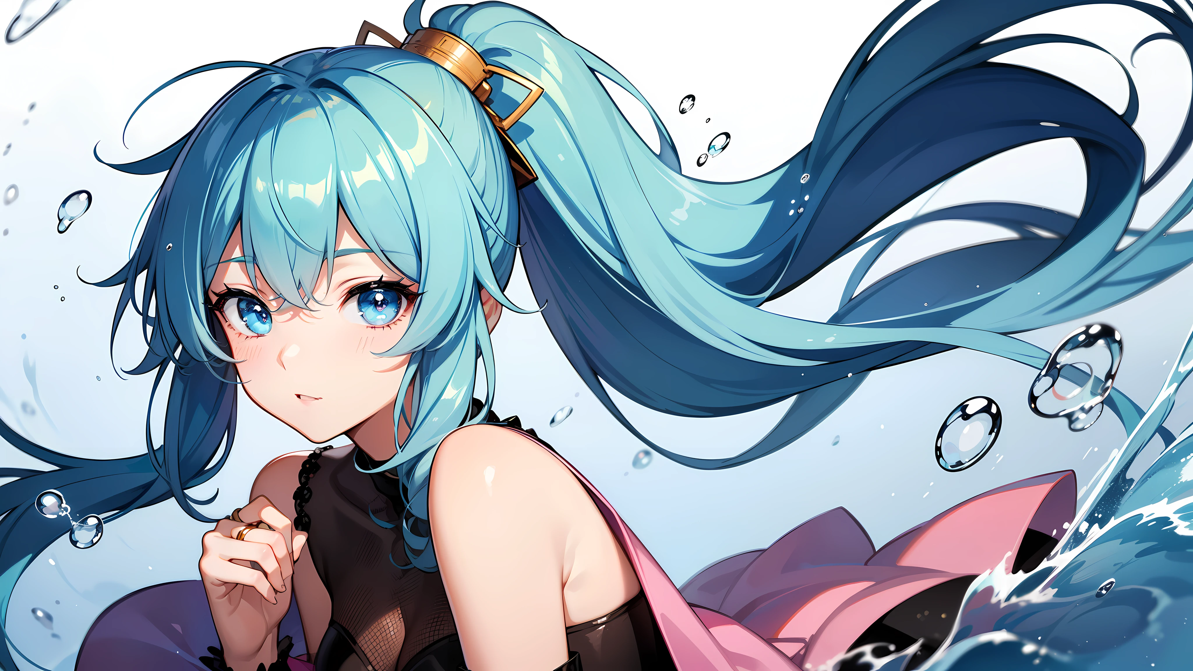 (masterpiece), (best quality), (super detailed),(disheveled hair),(illustration), (1 girl), (fashion clothing), Permanent installation, fashion model, looking at the audience, (interview), (simple background),beautiful and delicate eyes, Exquisite and beautiful face, floating,(high saturation),(colorful splash),Colorful bubbles,(shining), focus on face, ponytail, Ayaka Kamisato, light blue hair, Bangs, hair ring, floating花朵, floating hair, (shining), best lighting, best shadow,