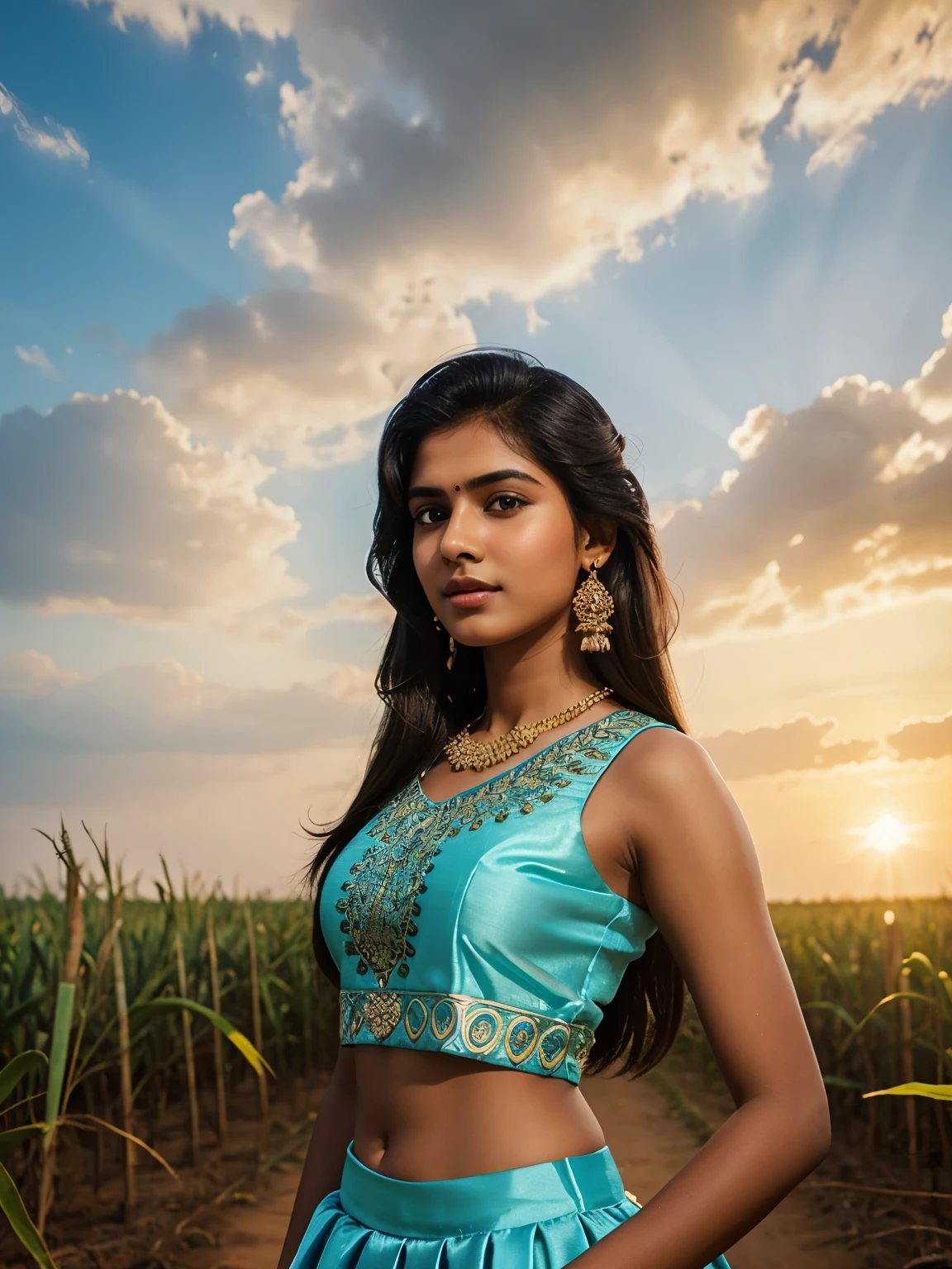 20 year old Tamil girl, inside sugarcane field, evening sky, bossy sassy photoshoot, (wearing expensive sleeveless choli, long skirt), (intricate detailing of face eyes nose mouth full lips & body parts), textured skin, smile:0.6, eyes symmetry, face symmetry, 256K, HDR, hyper realistic, intricate detailing, yotta-pixel image, yocto-pixel detailing