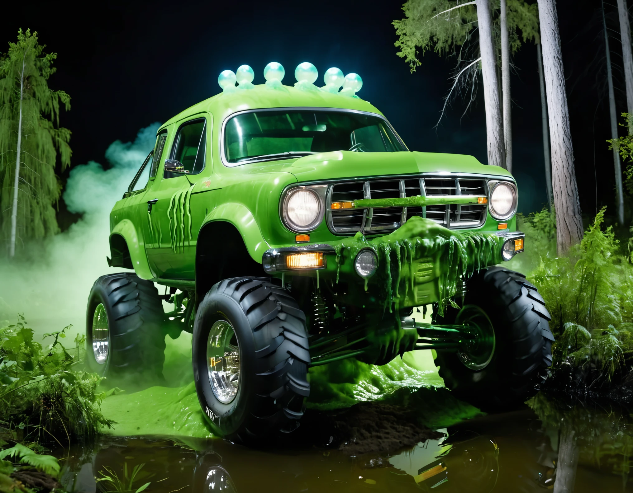 PeaCar1024, a pearly green bubble monstertruck car, in spooky swamp at night, green-exhaust-smoke, slime, decay, trees, (style of swamp-thing:.8), photography (ultra-detailed, ultra sharp, film, professional, high saturation:1.13)