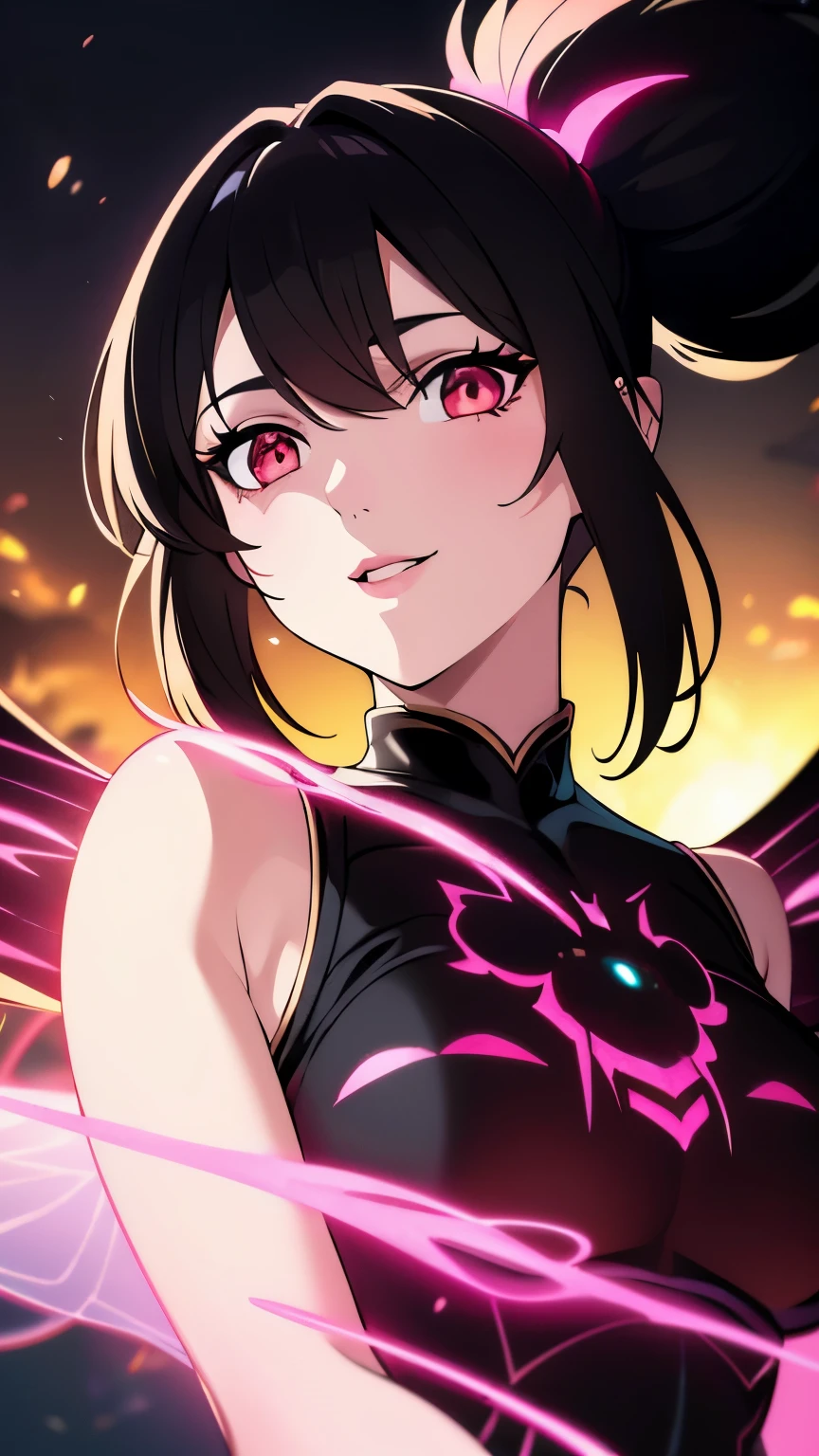 1girl, fairy girl, small, fairy wings, ((glowing pink fairy wings)), (fairy wings), Black hair color, ponytail hairstyles, short ponytail, red eye color, wearing leather armor, silver shoulder pads, black clothes,(glowing eyes), high resolution, extremely detailed CG unity 8k wallpaper, ((masterpiece)), ((top-quality)), (beautiful illustration), ((an extremely delicate and beautiful)), (masterpiece, Best quality, ultra high resolution), 1 girl, pale skin, Black Crown, red eyes, Luminous_eyes, neon red eyes, ultra detailed eyes, Beautiful and detailed face, detailed eyes, (Centered, torso), (wide shot:0.9), facing the viewer, Eye level, (floating hair), character focus, ((black light)), ((dark lighting)), cinematic lighting ,(darkness), (concept art), ((energetic face)), wide open smile, waving excitedly, dark black hair, ((red eyes))