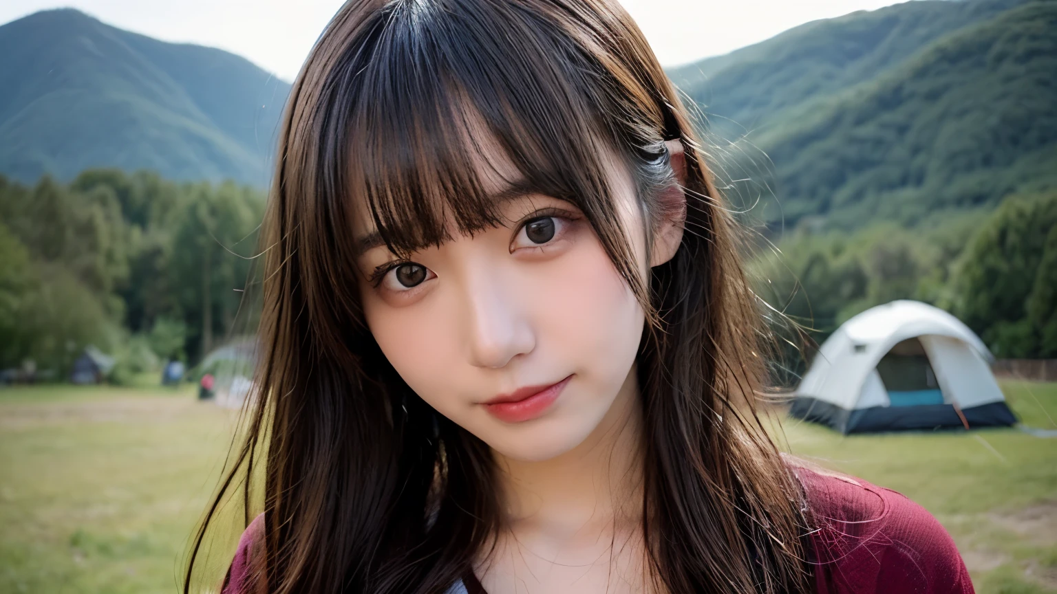 table top, highest quality, shape, Super detailed, finely, High resolution, 8k wallpaper, 完璧なダイナミックな構shape, finelyて美しい目, Wearing an olive long T-shirt,medium hair,natural color lip, smile,Harajuku、age girl、cute、looking at the camera、C cup、brown hair、Blurred mountain campsite background