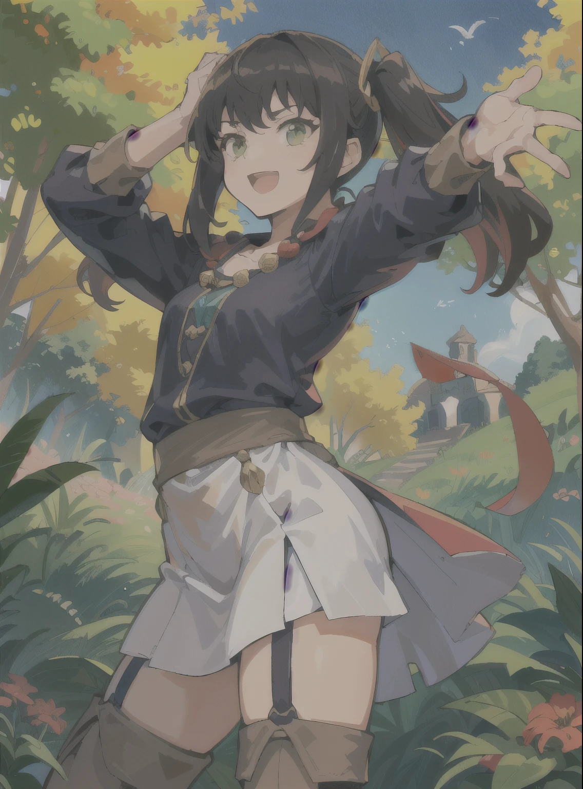 (Cachinhos DouradosWaifu:1), 1 garota, bonitinho, bonitinho Pose, (Cabelo loiro, cabelo grande, cabelo encaracolado, twintails, solid hair, Messy hair ,green olhos, joia, brincos, Beads, colar), (vestir, saia multicolorida, mangas bufantes:1), (inventar), curved, olhando para o espectador, evil smile, :D, foco na bunda, inclinando-se para frente, (coxas, botas de coxa:1),
(detalhado ladscape, floresta, Sky, vegetation:1.2), (fundo:1), (dynamic_Angle:1.2), (dynamic_Pose:1.2), (rule de third_Composition:1.3), (dynamic_perspectiva:1.2), (dynamic_linha_de_Action:1.2), Sozinho, plano amplo,
(obra de arte:1.2), (melhor qualidade, mais alta qualidade), (ultra detalhado), (8K, 4k, intricado), (tiro de corpo inteiro:1), (Tiro de cowboy:1.2), (50mm), (highly detalhado:1.2),(detalhado face:1.2), detalhado_olhos,(gradientes),(luz ambiente:1.3),(cinematic Composition:1.3),(hdr:1),accent lighting,extremely detalhado,original, high resolution,(perfeito_Anatomia:1.2),