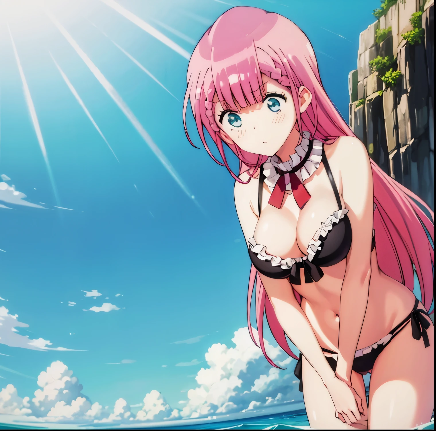 1girl,alone,mafuyu kirisu best quality, (masterpiece:1.2), highly detailed,water, splash, clouds, kirisu mafuyu,(from angle:1.4), standing, leaning forward, looking at the viewer, closed mouth, blush,
blue eyes, pink hair, long hair, medium breasts,
front-tie bikini, side-tie bikini, black bikini, frills,large breasts, medium waist, wide hips, medium thighs