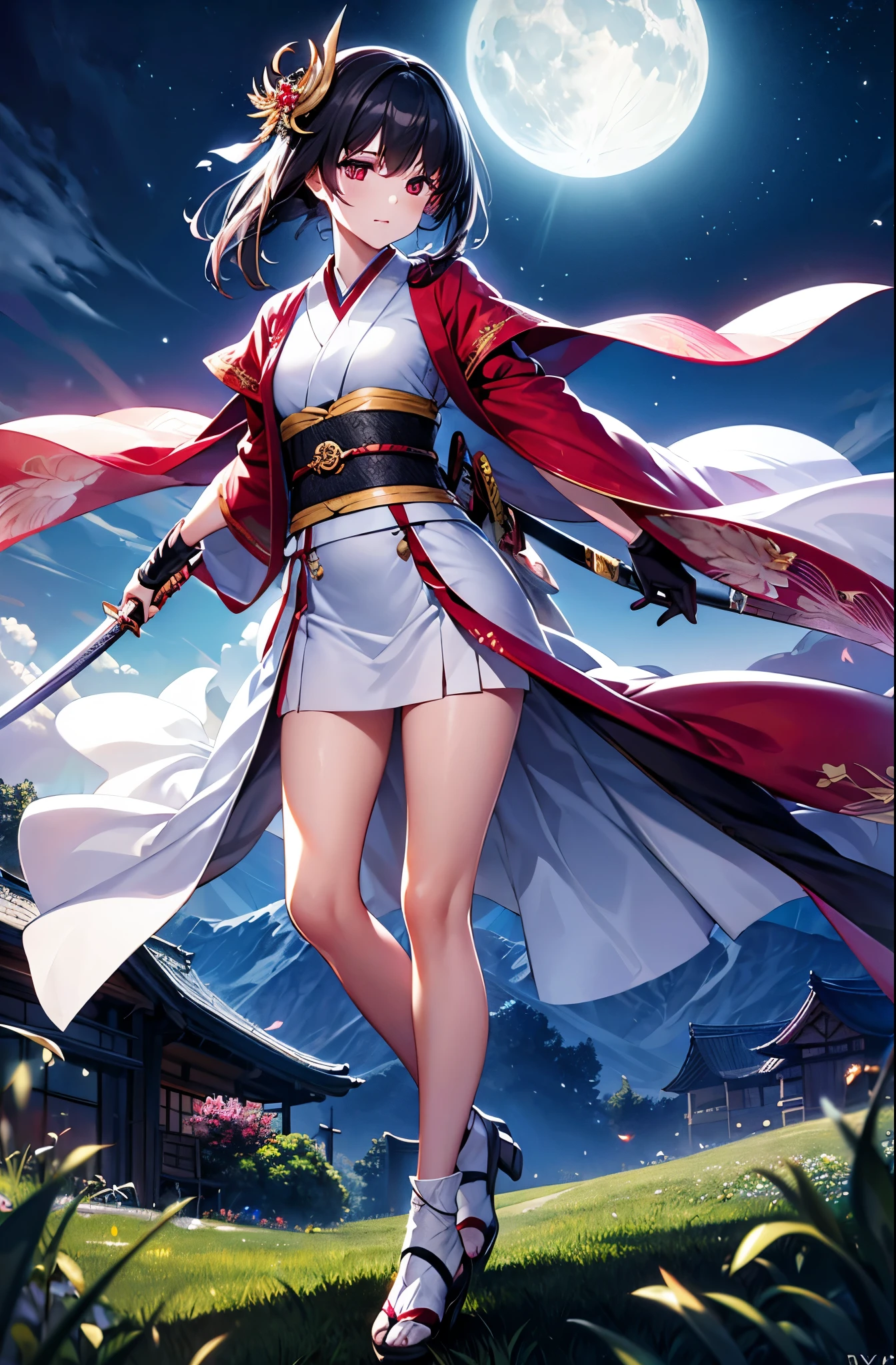 (Super beautiful CG, high quality), (Medium breastasterpiece: 1.8), ((Super quality)), ((Ultra detailed illustrations)), ((Stunning CG)),female focus,kawaii
1girl, solo, looking at viewer, bangs, purple hair,long sleeves, red eyes, holding, closed mouth, standing, full body, weapon, outdoors, japanese clothes, sky, looking back, sword, kimono, black footwear, ［［holding weapon］］, tree, ［［sash］］, night, holding sword, floral print, moon, ［［katana］］,［［ fire］］, sheath, night sky, ［Crescent Moon］, ［white kimono］, bare tree,［torii］, holding sheath, shrine,gloves