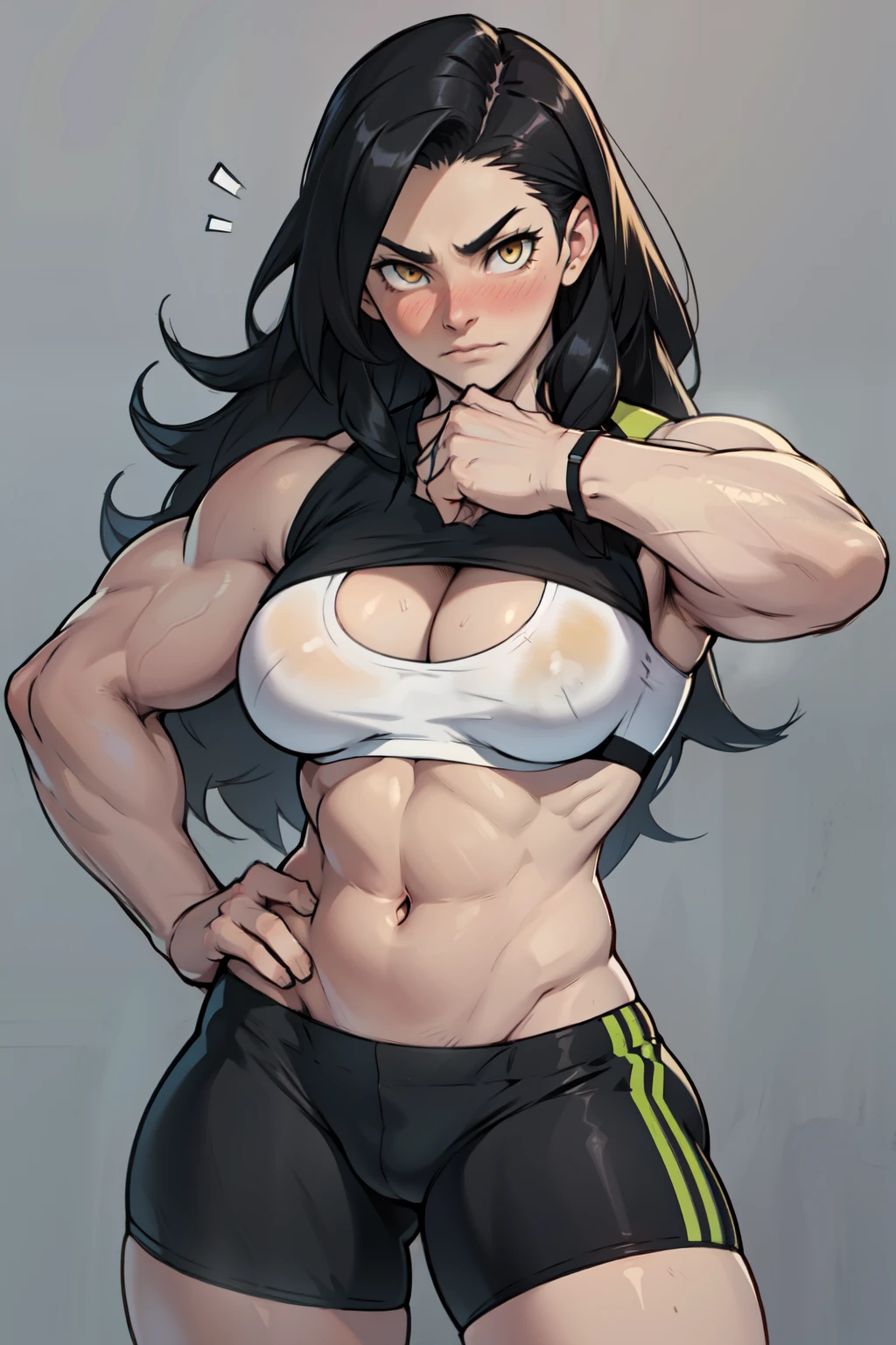 ((1girl)) pale skin (muscular perky breasts) toned body thick thighs black hair yellow eyes (long hair) bodybuilder embarrassed blush (seductive expression) best quality perfect ??????? compression bra bike shorts best quality