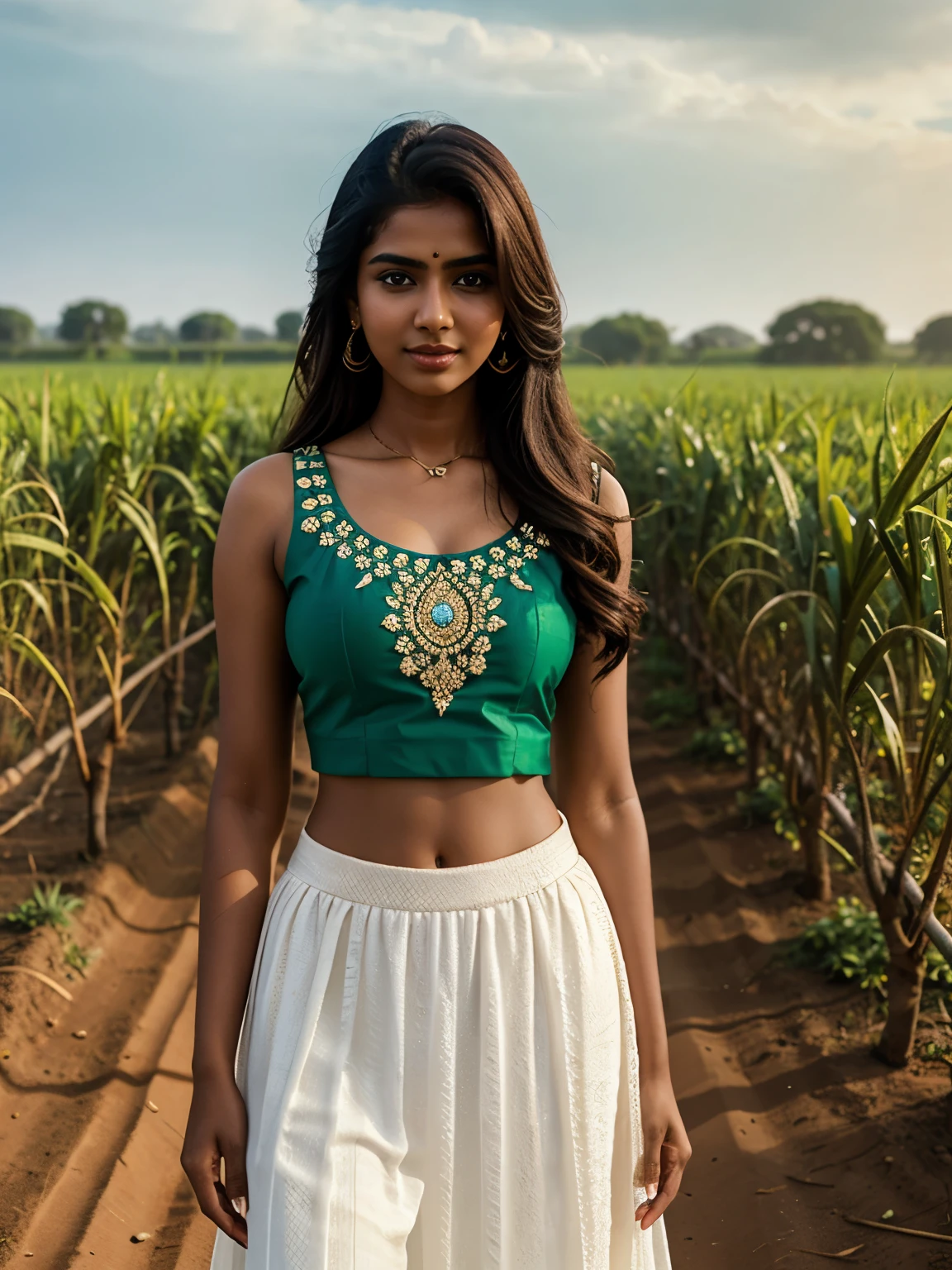 20 year old Tamil girl, inside sugarcane field, evening sky, bossy sassy photoshoot, (wearing expensive sleeveless choli, long skirt), (intricate detailing of face eyes nose mouth full lips & body parts), textured skin, smile:0.6, eyes symmetry, face symmetry, 256K, HDR, hyper realistic, intricate detailing, yotta-pixel image, yocto-pixel detailing