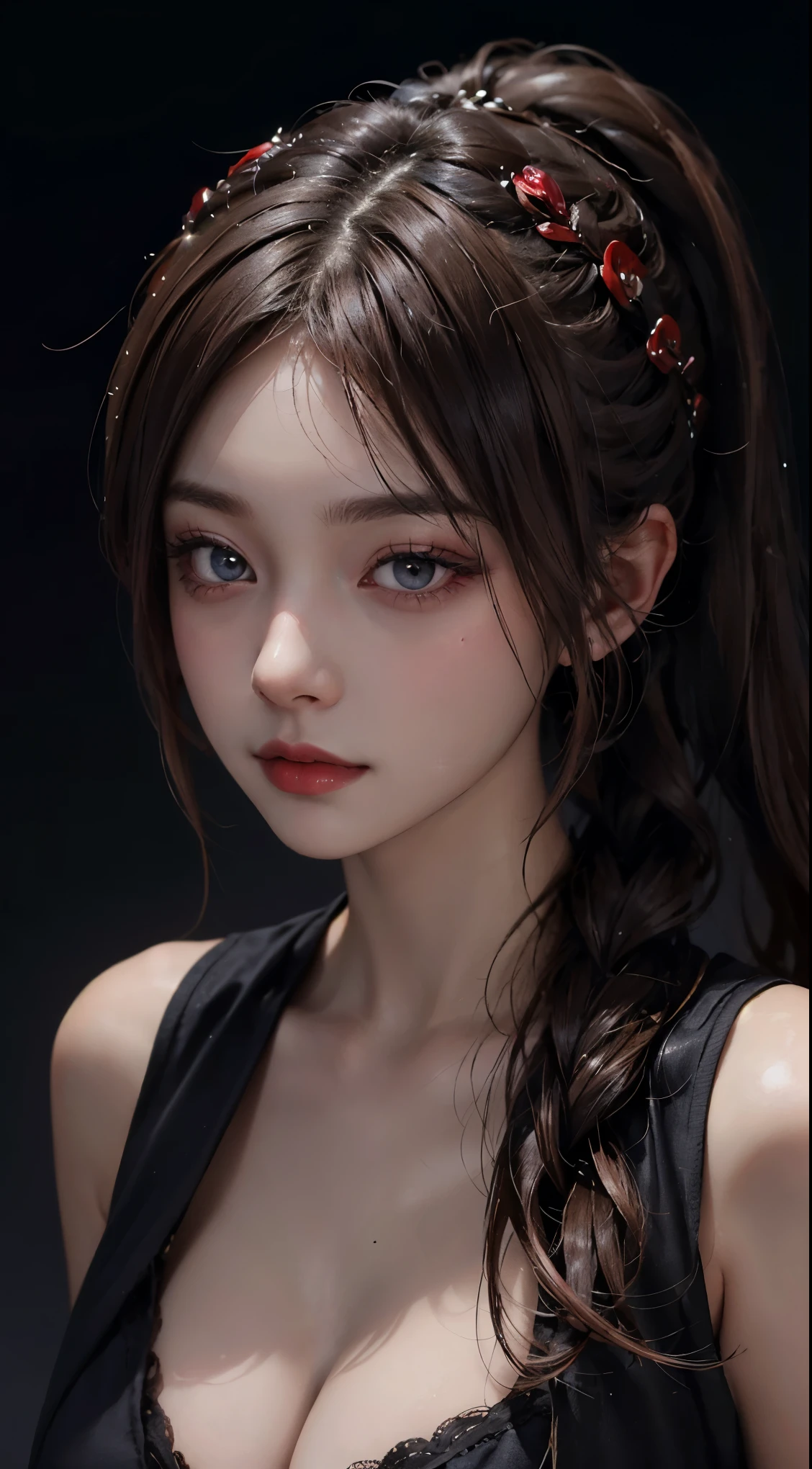 Reddish-brown hair，Long curly hair，high ponytail，red headdress，red eyes，red eye，red pupils，Delicate and detailed eyes，sparkling eyes，Eye balance