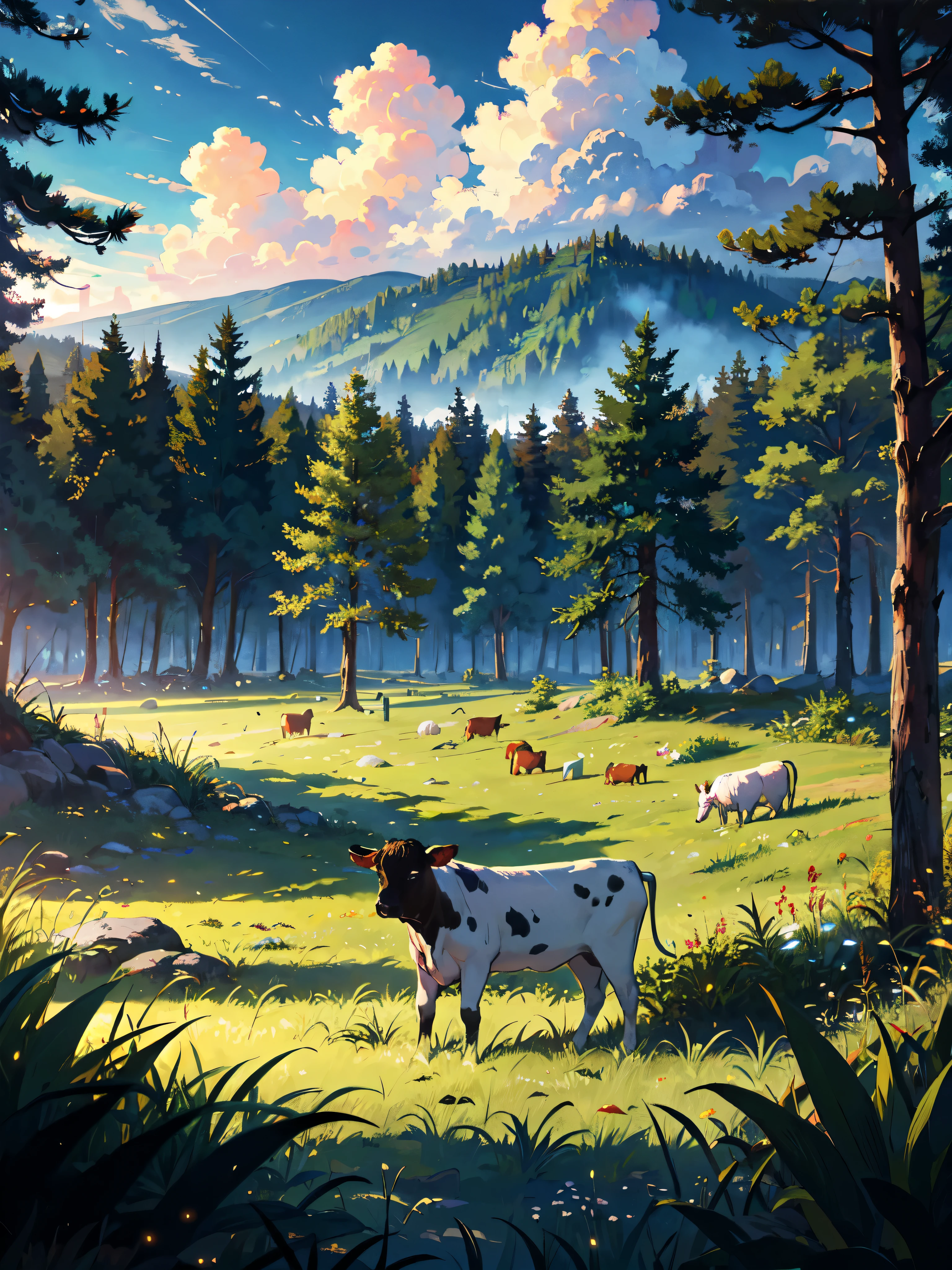 cow,
BREAK (masterpiece, best quality:1.2), outdoors, nature, forest, pines, grass, tall grass, detailed grass, plants, day, clouds,