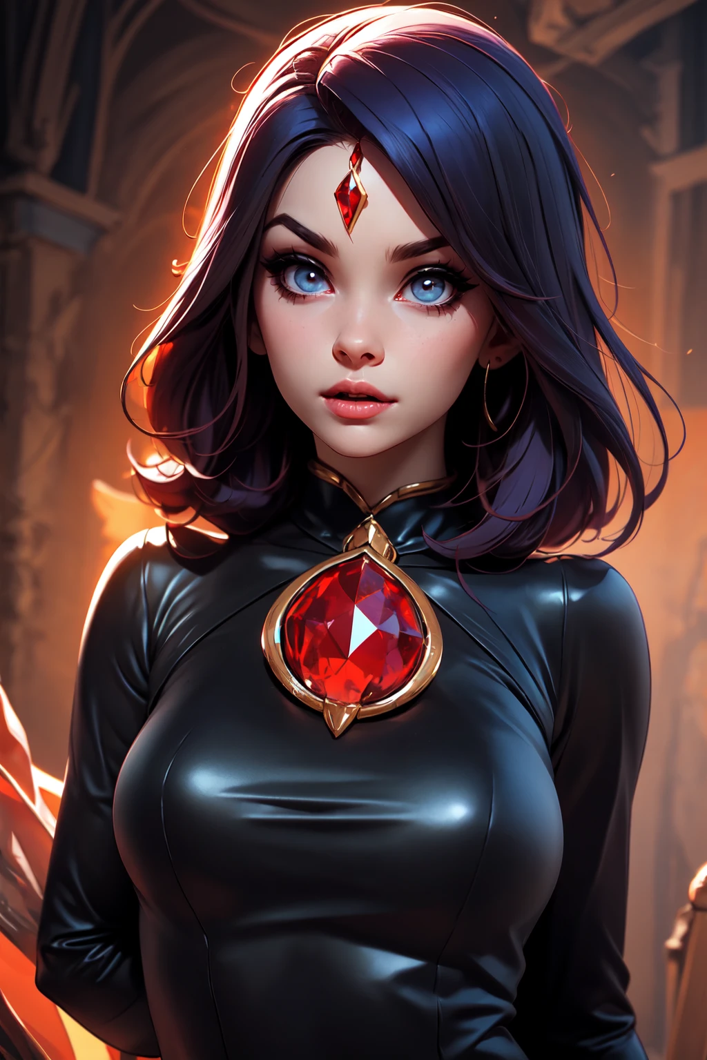 (Best Quality, 8k, Masterpiece, UHD), (Photo of Attractive Caucasian Gothic model Woman with tattoos), solo 1Girl as Raven, ((gemstone on forehead)), heavy makeup ,  cape, choker,very pale skin,Ultra Detailed Face, Detailed Lips, Fine Eyes, black lipstick, Fine Eyes