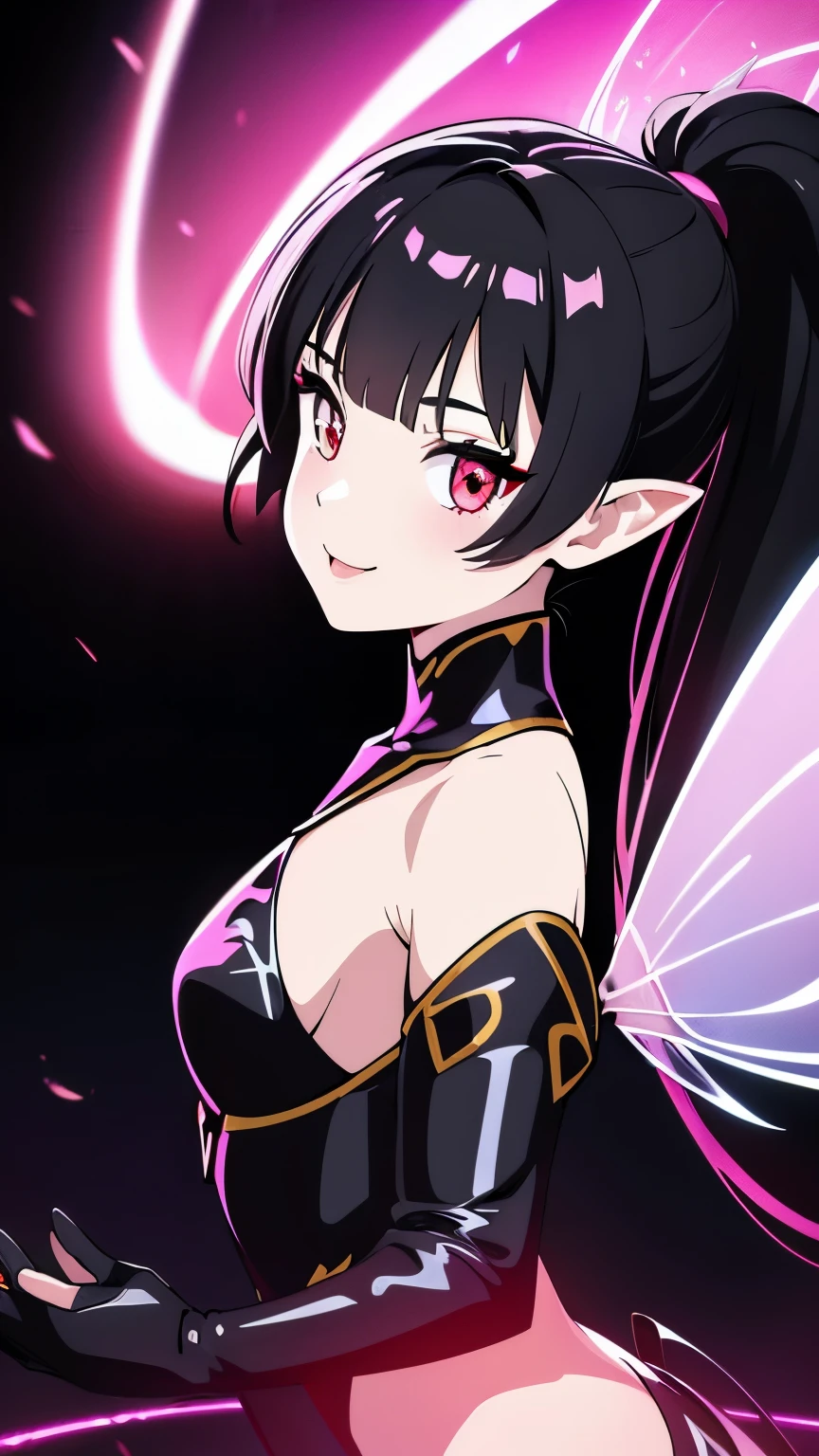 1girl, fairy girl, small, fairy wings, ((glowing pink fairy wings)), (fairy wings), Black hair color, ponytail hairstyles, short ponytail, red eye color, wearing leather armor, silver shoulder pads, black clothes,(glowing eyes), high resolution, extremely detailed CG unity 8k wallpaper, ((masterpiece)), ((top-quality)), (beautiful illustration), ((an extremely delicate and beautiful)), (masterpiece, Best quality, ultra high resolution), 1 girl, pale skin, Black Crown, red eyes, Luminous_eyes, neon red eyes, ultra detailed eyes, Beautiful and detailed face, detailed eyes, (Centered, torso), (wide shot:0.9), facing the viewer, Eye level, (floating hair), character focus, ((black light)), ((dark lighting)), cinematic lighting ,(darkness), (concept art), ((energetic face)), wide open smile, waving excitedly, dark black hair, ((red eyes))