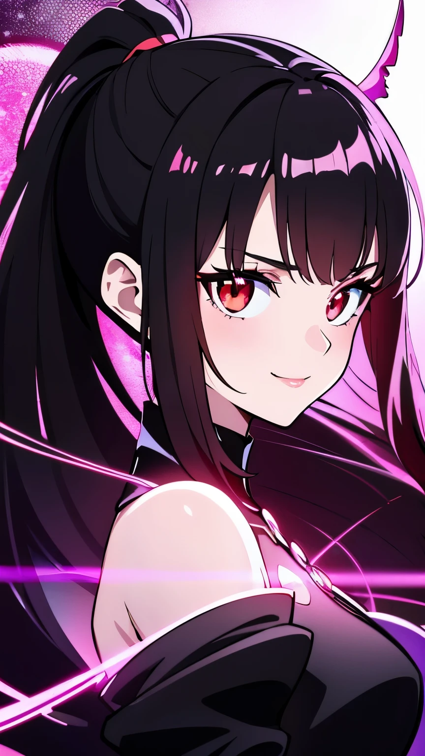 1girl, fairy girl, small, fairy wings, ((glowing pink fairy wings)), (fairy wings), Black hair color, ponytail hairstyles, short ponytail, red eye color, wearing leather armor, silver shoulder pads, black clothes,(glowing eyes), high resolution, extremely detailed CG unity 8k wallpaper, ((masterpiece)), ((top-quality)), (beautiful illustration), ((an extremely delicate and beautiful)), (masterpiece, Best quality, ultra high resolution), 1 girl, pale skin, Black Crown, red eyes, Luminous_eyes, neon red eyes, ultra detailed eyes, Beautiful and detailed face, detailed eyes, (Centered, torso), (wide shot:0.9), facing the viewer, Eye level, (floating hair), character focus, ((black light)), ((dark lighting)), cinematic lighting ,(darkness), (concept art), ((energetic face)), wide open smile, waving excitedly, dark black hair, ((red eyes))