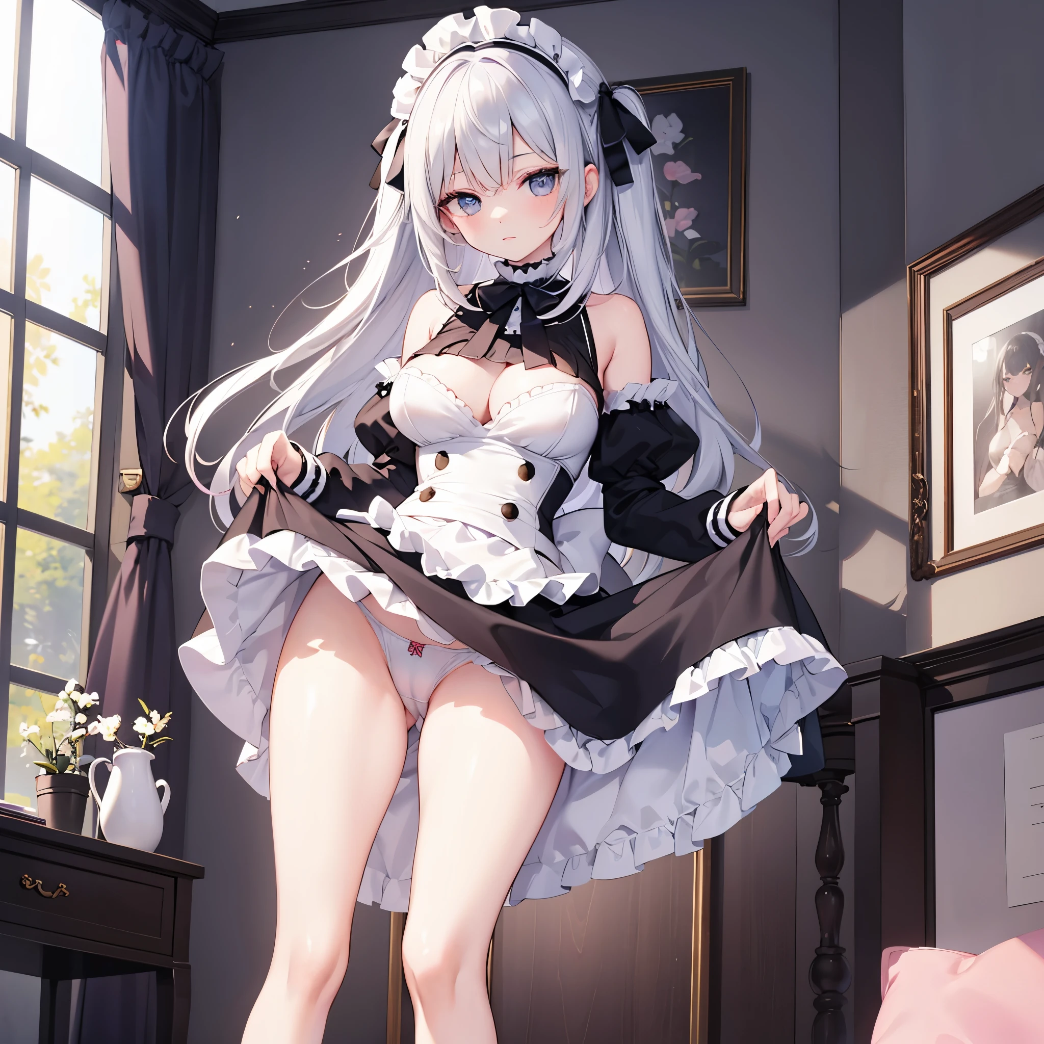(1 solo skinny ish maid standing in dark bedroom:1.2), (large breasrrow waist, skinny long legs, highheels, frilled maid dress, (lift own skirt higher than her shoulders:1.5), (up hands higher than her shoulders:1.2), (show off white string panty), (sho cameltoe:1.3), nsfw