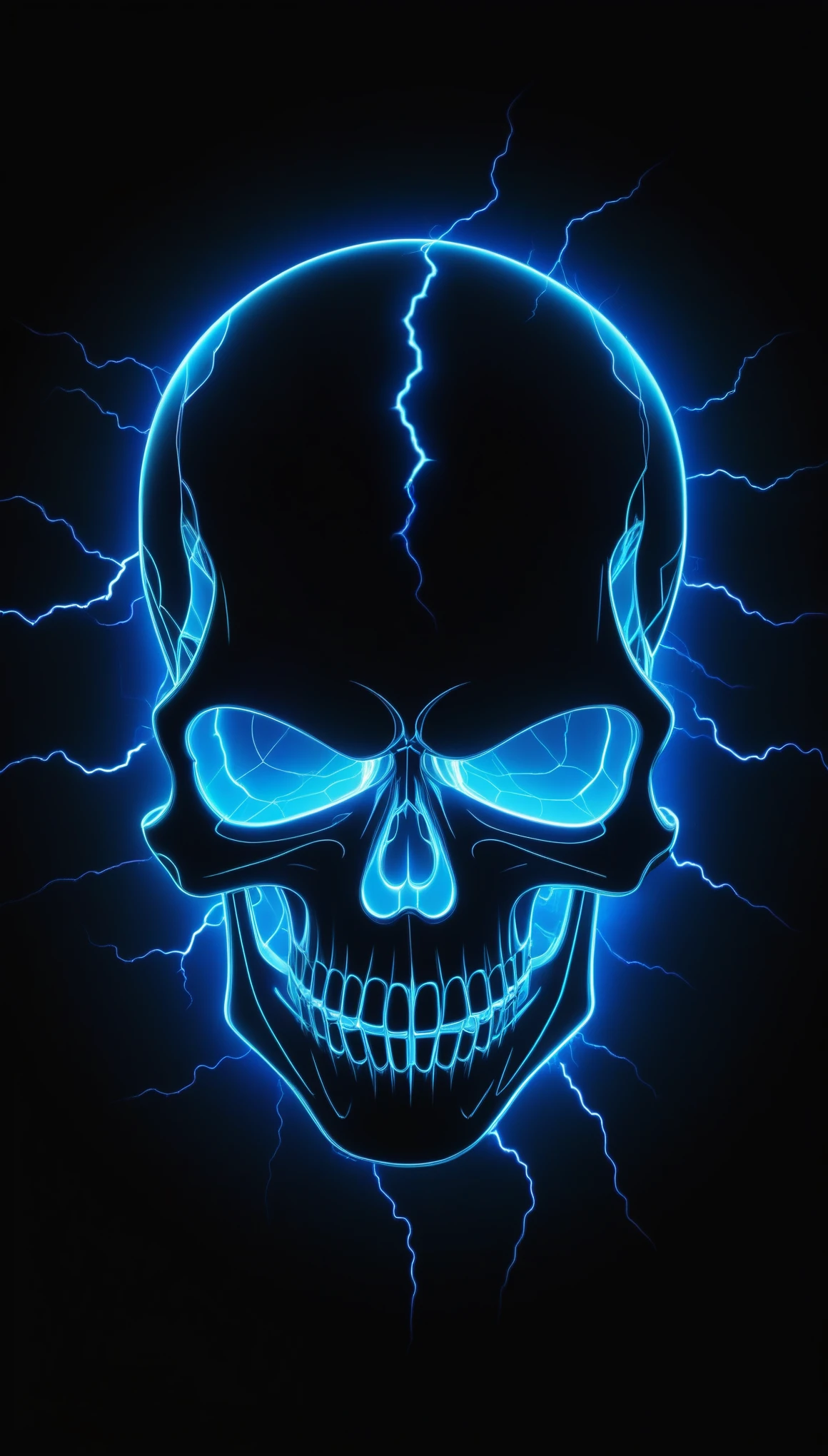 Black shadow of a black skull filled with black stripes and blue lightning bolts cartoon style, Vice City GTA, blue background