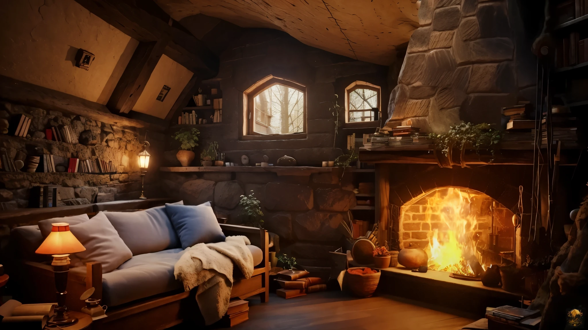 (balcony cave house) big window with a view of spring, waterfalls outside arafed room with a fireplace and a couch in front of a book shelf, cozy place, cosy enchanted scene, cozy environment, cozy home background, fantasy style 8 k octane render, cozy wallpaper, alchemist library background, cozy and peaceful atmosphere, cozy living room background, cosy atmoshpere, magical environment, cozy room, a multidimensional cozy tavern