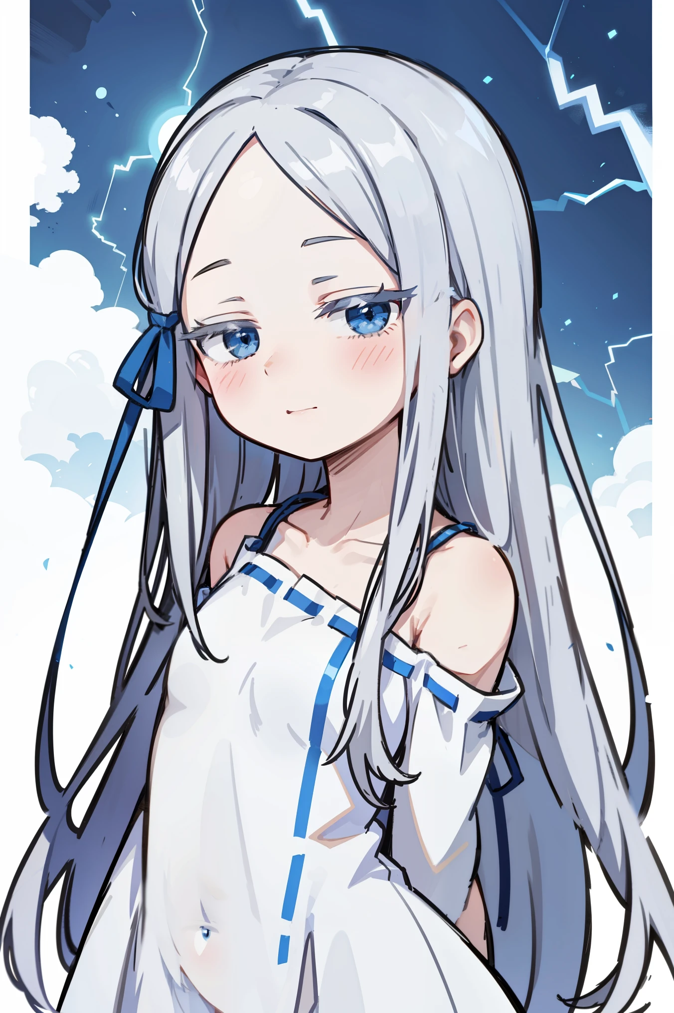 (masterpiece, best quality, ultra high quality, by quan, by mappa, sketch:1.1), ((portrait)), 1girl, solo, pandora, blue eyes, long hair, grey hair, white hair, forehead, blush, bangs, small breasts, parted bangs, barefoot, neutral, innexpressive, small smile, thighs, ((pddf)), dress, ribbon, hair ribbon, white dress, loose dress, blue ribbon, bare shoulders, (arms behind back), upper body, standing,, isometric lightning, white background, simple background