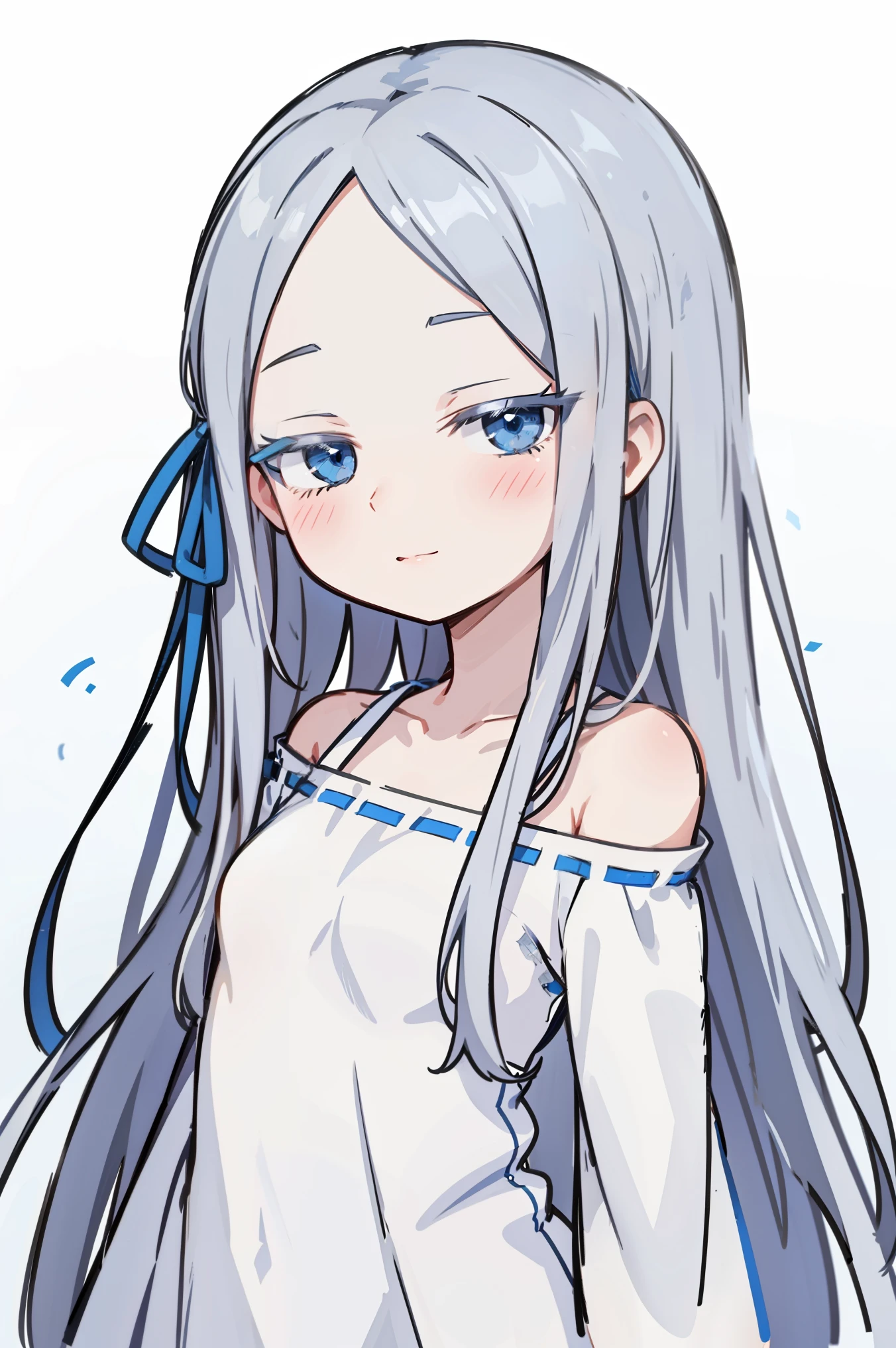 (masterpiece, best quality, ultra high quality, by quan, by mappa, sketch:1.1), ((portrait)), 1girl, solo, pandora, blue eyes, long hair, grey hair, white hair, forehead, blush, bangs, small breasts, parted bangs, barefoot, neutral, innexpressive, small smile, thighs, ((pddf)), dress, ribbon, hair ribbon, white dress, loose dress, blue ribbon, bare shoulders, (arms behind back), upper body, standing,, isometric lightning, white background, simple background