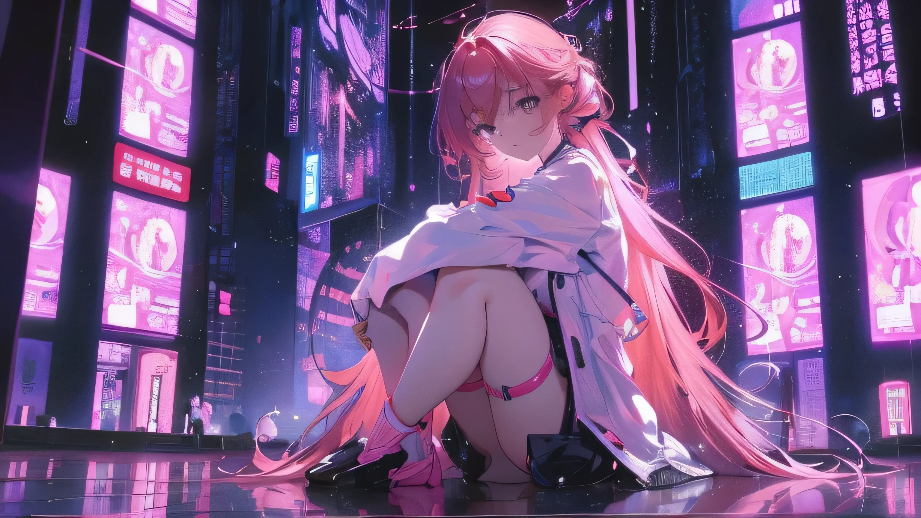 girl sittig on floor, long hair, sad, upset, raining, tokyo, city, lights, purple and pink, pink, purple, cyber, night, hair faling on floor, glass, pink hair, upset