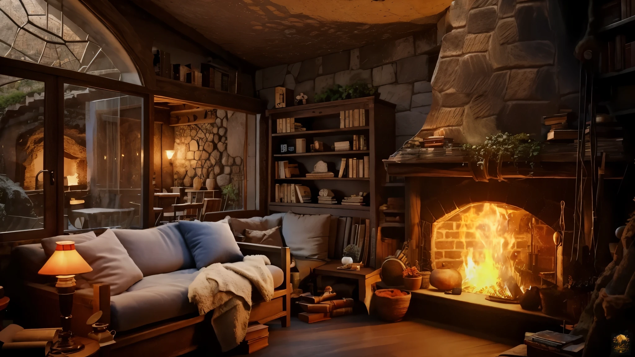 (balcony cave house) big window with a view of spring, waterfalls outside arafed room with a fireplace and a couch in front of a book shelf, cozy place, cosy enchanted scene, cozy environment, cozy home background, fantasy style 8 k octane render, cozy wallpaper, alchemist library background, cozy and peaceful atmosphere, cozy living room background, cosy atmoshpere, magical environment, cozy room, a multidimensional cozy tavern