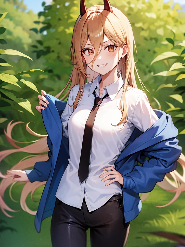(masterpiece, best quality:1.2), cowboy shot, solo, 1girl, power \(csm\), sharp teeth, grin, looking at viewer, cross-shaped pupils, blue jacket, collared shirt, black necktie, black pants