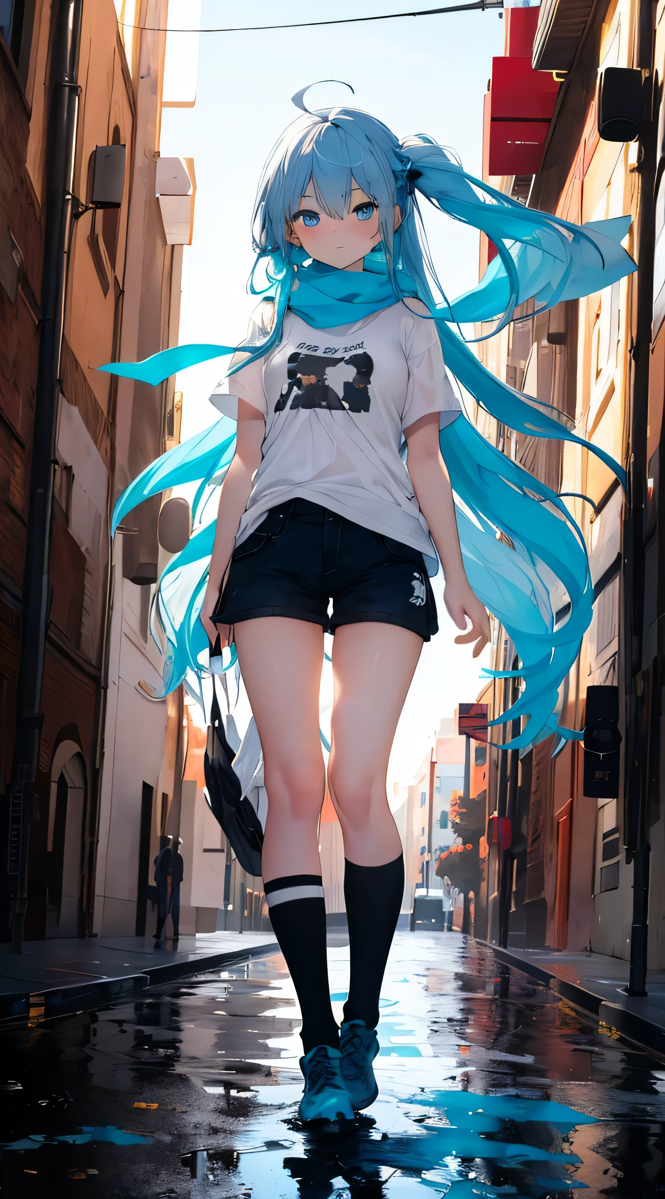 (masterpiece, 8K, very accurate, clear picture, full HD), 1girl, (a girl ), grey long hair, bangs, bright blue eyes, embarassed face, white T - shirt,  cyan scarf, full body