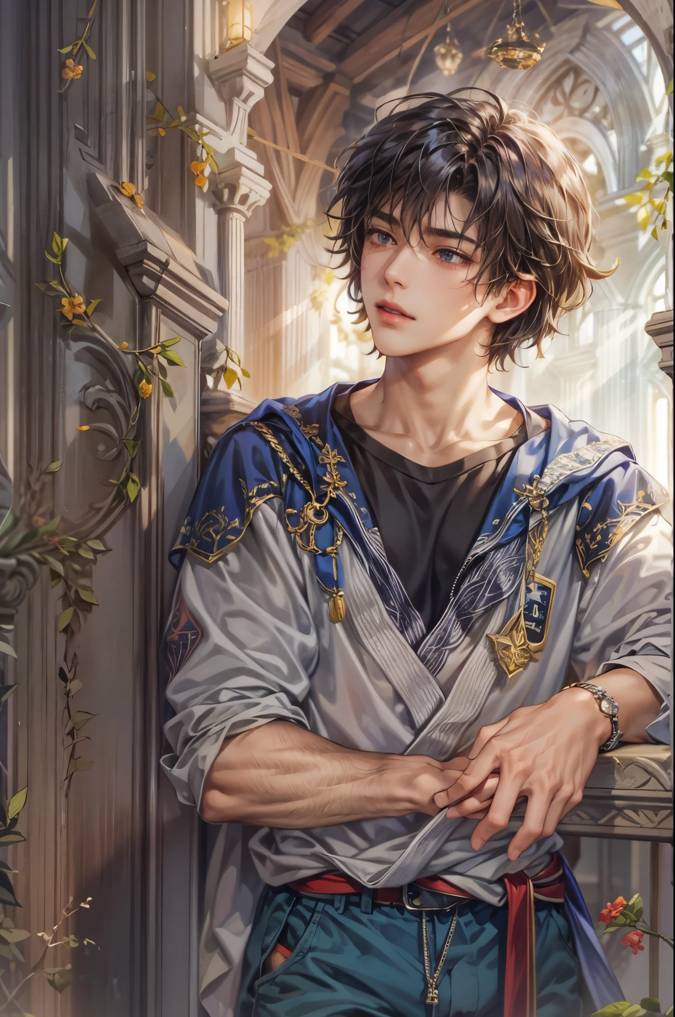 ((Best quality)), ((masterpiece)), (detailed), ((perfect face)), ((halfbody)) handsome face, male, boy, perfect proportions , a character from anime saint seiya, short hair, male version , detailed ghibli interior scenery background