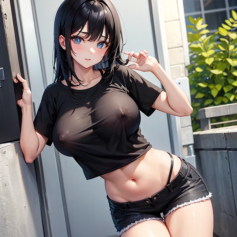 Straight black hair, big breasts, T-shirt, shorts, nipples sticking out