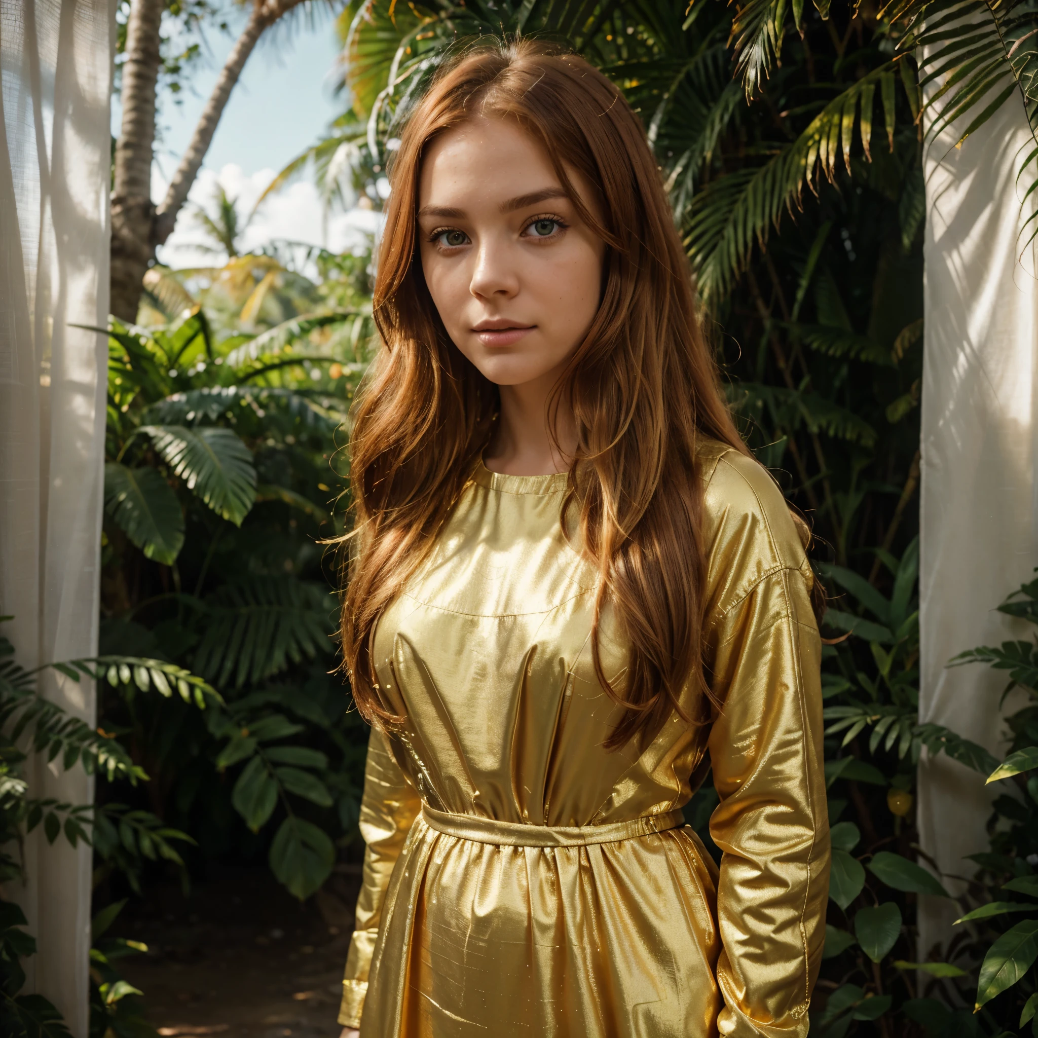 RAW uhd portrait of 24-year-old blonde, Natural red hair, castles, Wavy, (brown-eyed woman) , Prehistory, space cadet, mid shot, very beautiful, detailed golden space suit, standing in tropical forest, sunset, peaceful atmosphere, vibrant, colorful (Red Summer Dress), (cutout), Detailed (textures!, Hair!, brightness, Color!, imperfections:1.1), High detail of light eyes, (looking at the camera), specular lighting, dslr, ultra quality, sharp-focus, Sharp, Depth of field, Film grain, (centered), Fujifilm XT3, Crystal clear, The center of the frame, cute face, sharp-focus, bokeh, (dimly lit), Low key, (day sky) day.