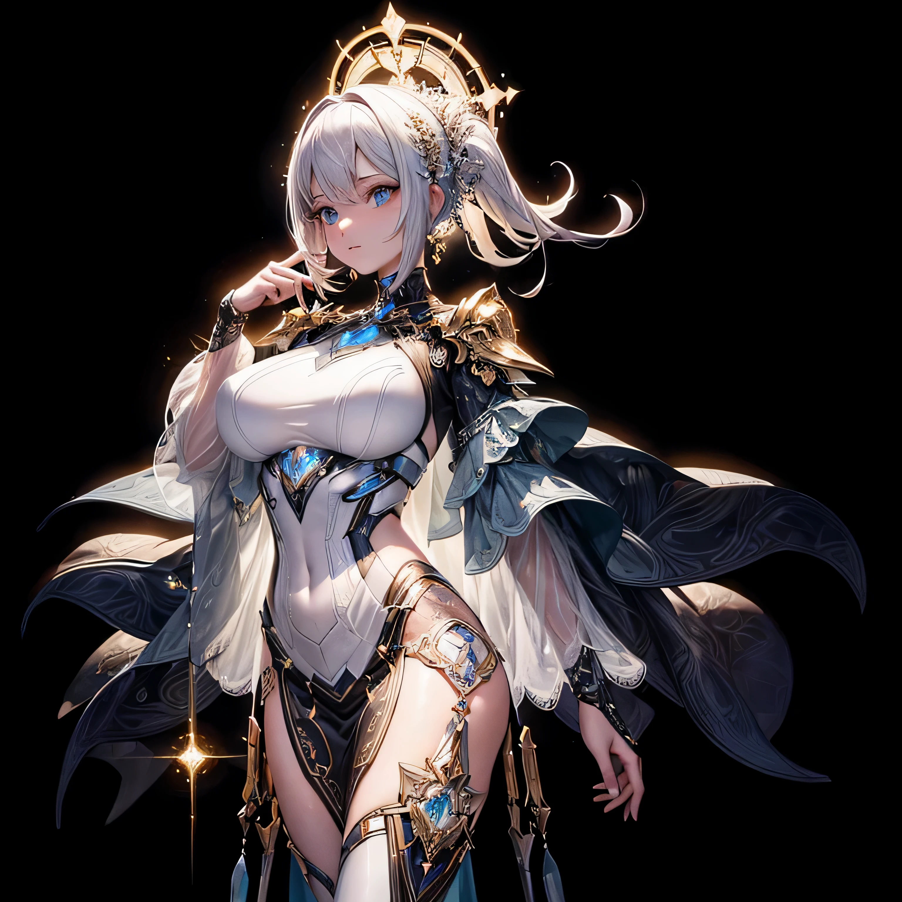 girl, fish, white hair, blue eyes, mechanical body, human, cyborg, pipes, metal parts attached to body, masterpiece, 8K screenshot, artbook, weapons, looking back, bending knees, hands up, cat ear, wing, metal fish, pattern