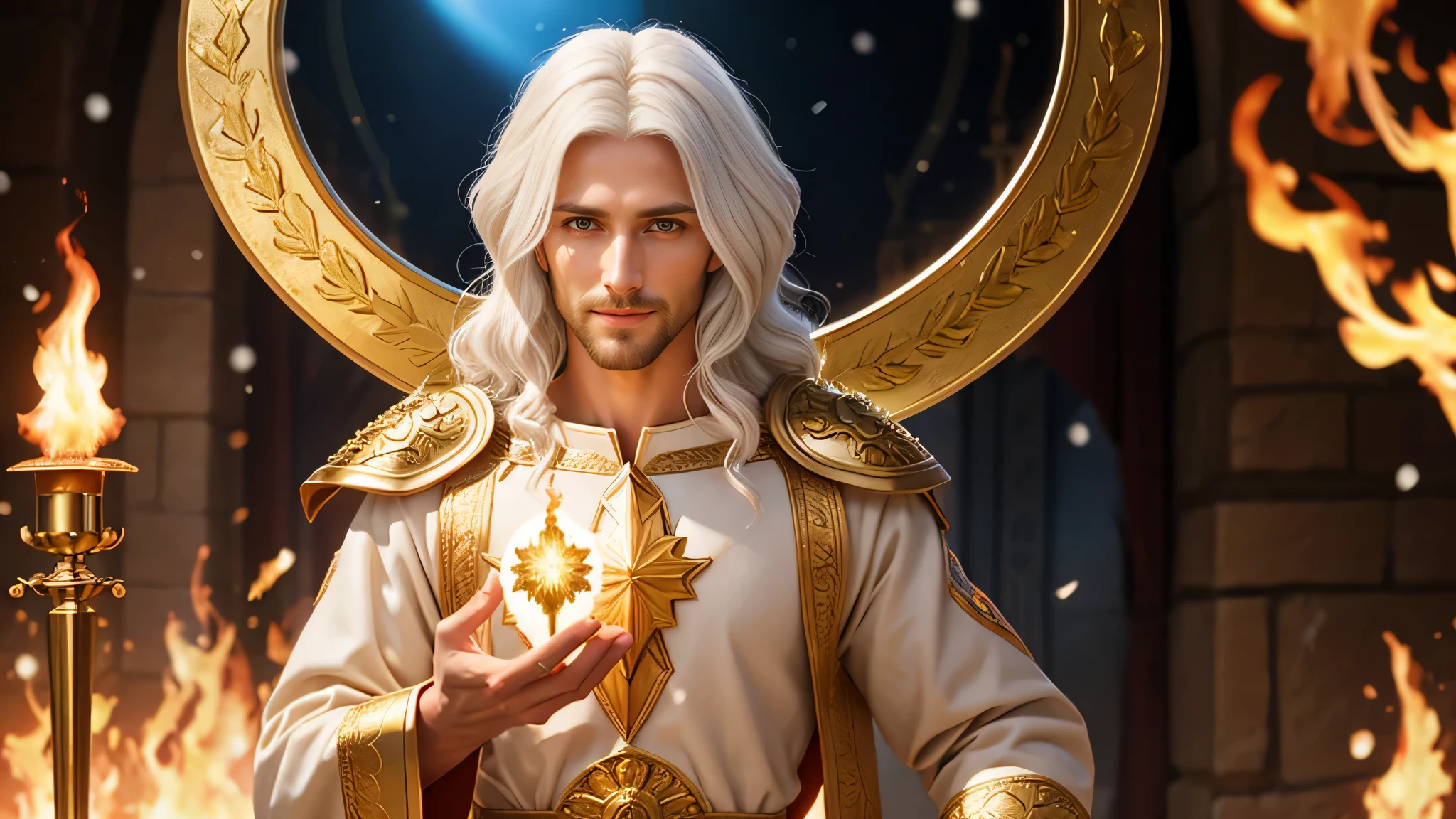 Jesus Returns to Heaven, ( realistic) Year: 35 years old, Face like the midday sun, crown, Tunic and golden breastplate, snow white hair, Eye as a flame of fire, Refined bronze-like feet in the furnace, light smile, surrealism, Backlight, cinematic lighting, high quality, advanced details, 8K 3D最high quality