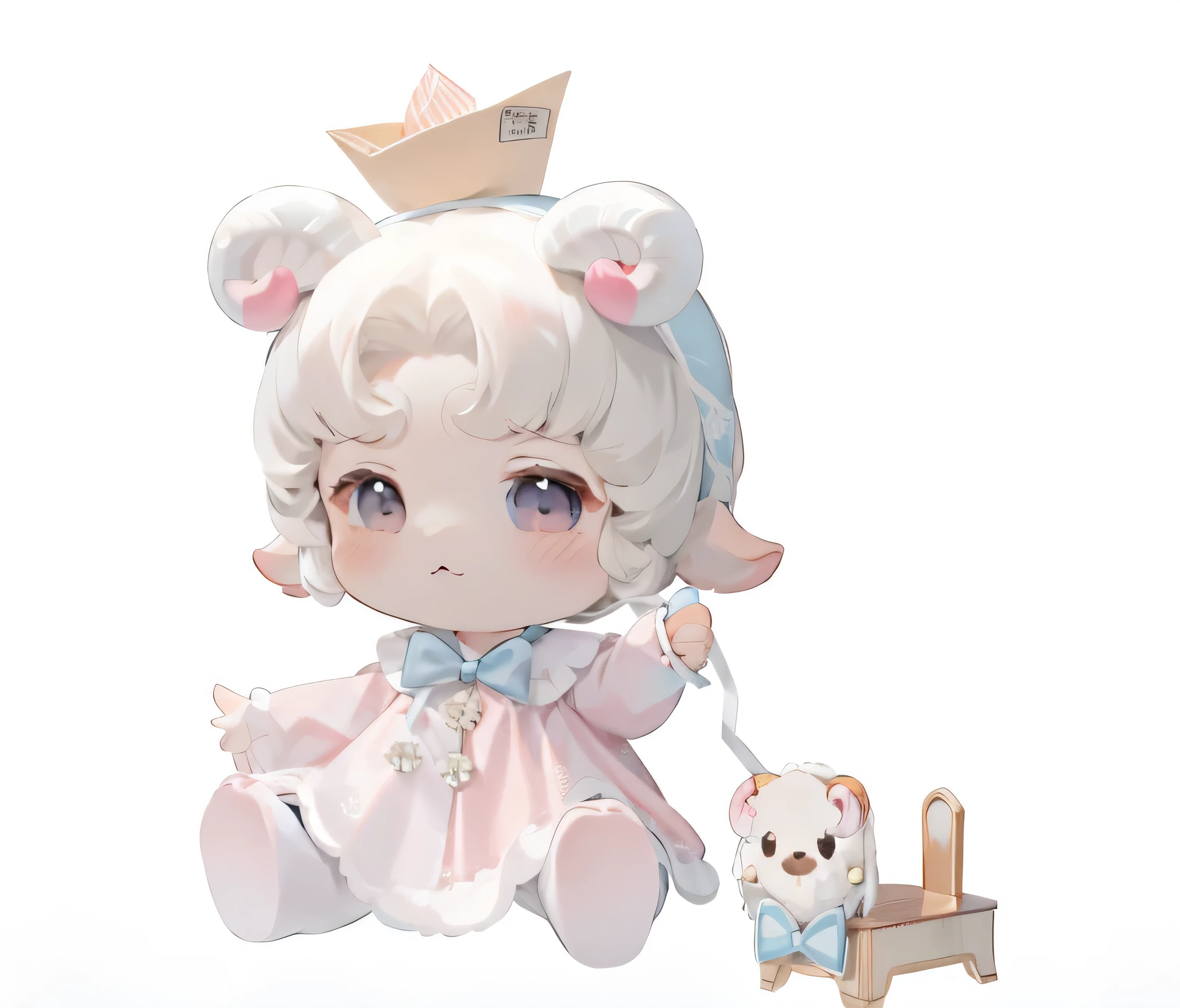 sheep'horn ,lolita cute character, ,,Raphael, sheep'horn小萝莉女孩, two-dimensional,two-dimensional,,celluloid,HD,8k,,,Correct structure ,Q version is very cute,穿着无袖pajamas,pajamas,dress without sleeve,paper puppy in hand,Paper boat on head