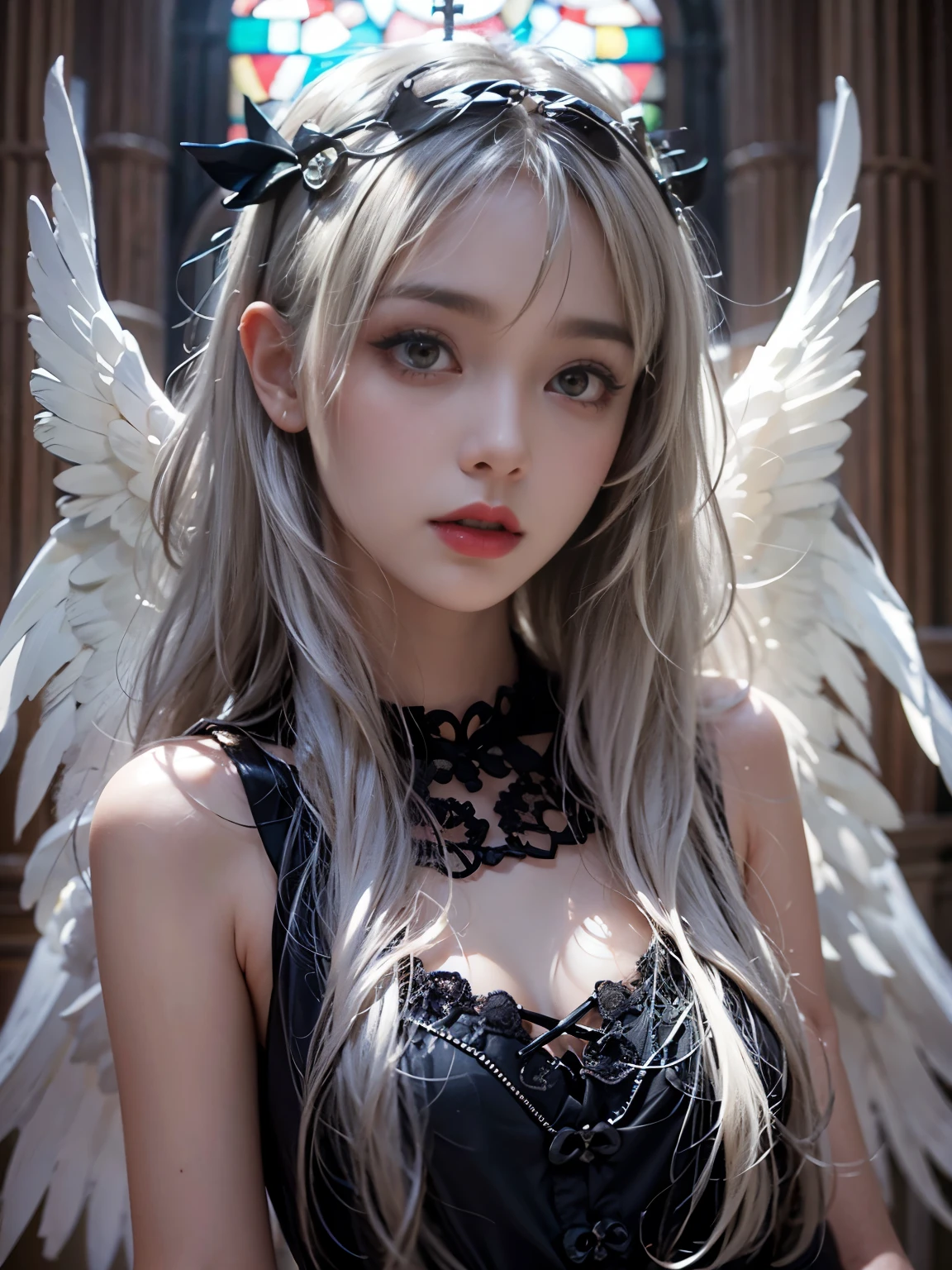 8K, Raw photo, Photorealistic, (Detailed skin, Best Quality:1.2), seductive succubus, age girl with black wings flying high in the evening sky, (devil's wings), ((black camisole dress)), (((Small chest:1.1))), (blonde long hair:1.3, short bangs), (Baby face:1.3, Neat face, Fairer skin), full body shot, thighs, sunset sky high, sunset light