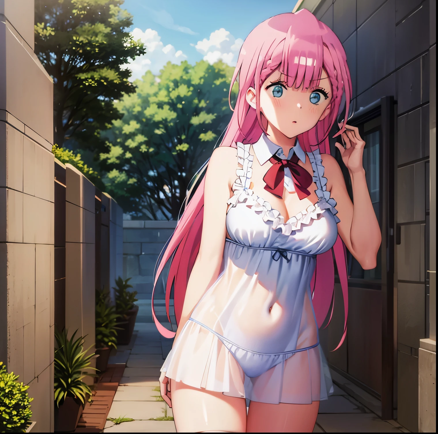 1girl,alone,masterpiece, best quality, kirisu mafuyu, long hair, pink hair, blue eyes, hair between eyes, braid, large breasts, lingerie, cowboy shot,large breasts, medium waist, wide hips, medium thighs