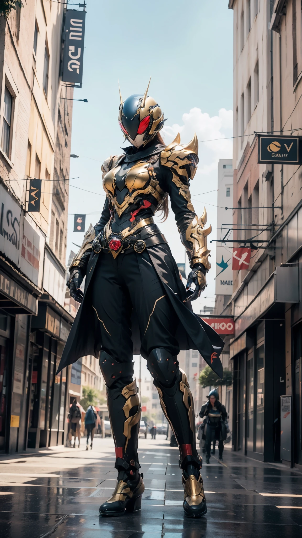 A woman adorned in fantasy-style full-body armor, a crown-concept fully enclosed helmet that unveils only her eyes, a composite layered chest plate, fully encompassing shoulder and hand guards, a lightweight waist armor, form-fitting shin guards, the overall design is heavy-duty yet flexible, ((the armor gleams with a golden glow, complemented by red and blue accents)), exhibiting a noble aura, she floats above a fantasy-surreal high-tech city, this character embodies a finely crafted fantasy-surreal style armored hero in anime style, exquisite and mature manga art style, (Queen bee mixed with Spider concept Armor), ((real woman, beautiful woman, photorealistic, elegant, goddess, femminine:1.5)), metallic, high definition, best quality, highres, ultra-detailed, ultra-fine painting, extremely delicate, professional, anatomically correct, symmetrical face, extremely detailed eyes and face, high quality eyes, creativity, RAW photo, UHD, 32k, Natural light, cinematic lighting, masterpiece-anatomy-perfect, masterpiece:1.5