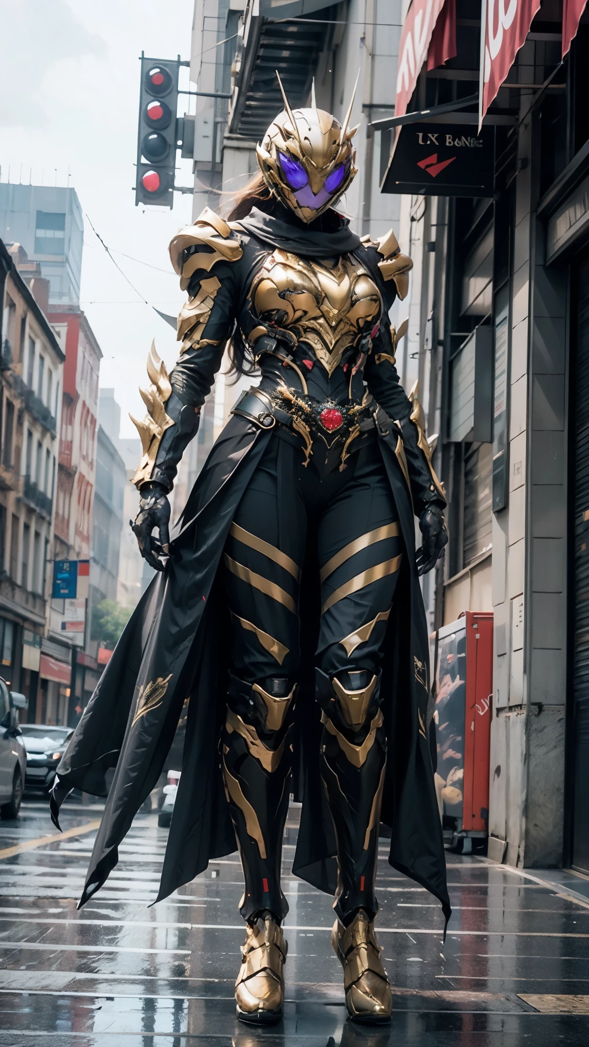 A woman adorned in fantasy-style full-body armor, a crown-concept fully enclosed helmet that unveils only her eyes, a composite layered chest plate, fully encompassing shoulder and hand guards, a lightweight waist armor, form-fitting shin guards, the overall design is heavy-duty yet flexible, ((the armor gleams with a golden glow, complemented by red and blue accents)), exhibiting a noble aura, she floats above a fantasy-surreal high-tech city, this character embodies a finely crafted fantasy-surreal style armored hero in anime style, exquisite and mature manga art style, (Queen bee mixed with Spider concept Armor), ((real woman, beautiful woman, photorealistic, elegant, goddess, femminine:1.5)), metallic, high definition, best quality, highres, ultra-detailed, ultra-fine painting, extremely delicate, professional, anatomically correct, symmetrical face, extremely detailed eyes and face, high quality eyes, creativity, RAW photo, UHD, 32k, Natural light, cinematic lighting, masterpiece-anatomy-perfect, masterpiece:1.5
