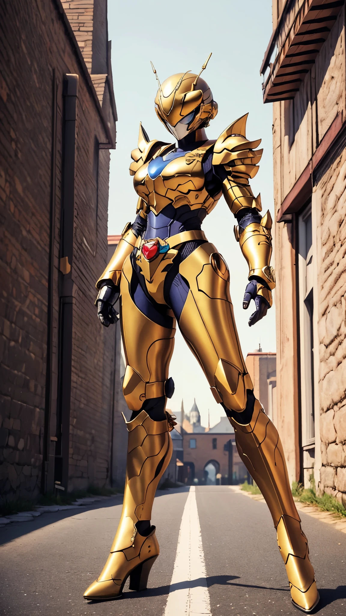 A woman adorned in fantasy-style full-body armor, a crown-concept fully enclosed helmet that unveils only her eyes, a composite layered chest plate, fully encompassing shoulder and hand guards, a lightweight waist armor, form-fitting shin guards, the overall design is heavy-duty yet flexible, ((the armor gleams with a golden glow, complemented by red and blue accents)), exhibiting a noble aura, she floats above a fantasy-surreal high-tech city, this character embodies a finely crafted fantasy-surreal style armored hero in anime style, exquisite and mature manga art style, (Queen bee mixed with Spider concept Armor), ((real woman, beautiful woman, photorealistic, elegant, goddess, femminine:1.5)), metallic, high definition, best quality, highres, ultra-detailed, ultra-fine painting, extremely delicate, professional, anatomically correct, symmetrical face, extremely detailed eyes and face, high quality eyes, creativity, RAW photo, UHD, 32k, Natural light, cinematic lighting, masterpiece-anatomy-perfect, masterpiece:1.5