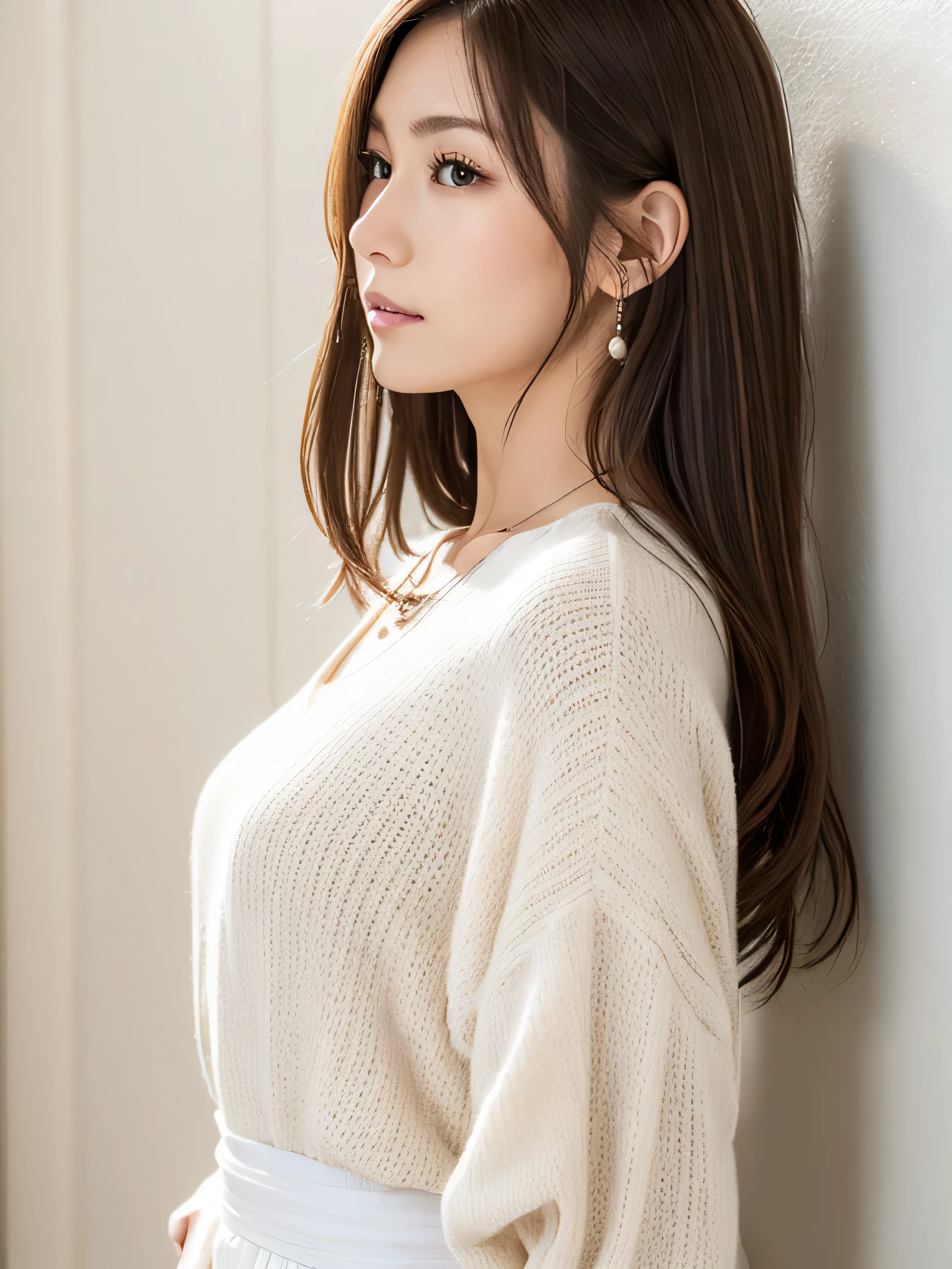 (very realistic photo, High resolution, detailed face, fine eyes), japanese woman, 20-year-old, various expressions, alone:1, slim body shape, various hairstyles, casual clothes, 写真の中でalone、long sleeve dress、Photographed in natural light、white wall、Taken in front of the white door、(窓のあるwhite wallの部屋)、simple necklace、spring clothes、Don&#39;don&#39;t look at the camera、profile、dark brown hair color