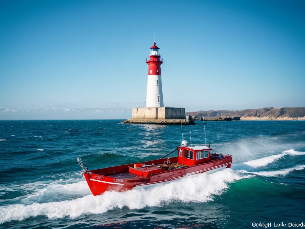 Lighthouse, rough sea in winter, a boat with a girl on it goes up and down on big waves