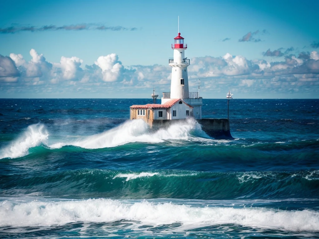 Lighthouse, rough sea in winter, a boat with a girl on it goes up and down on big waves