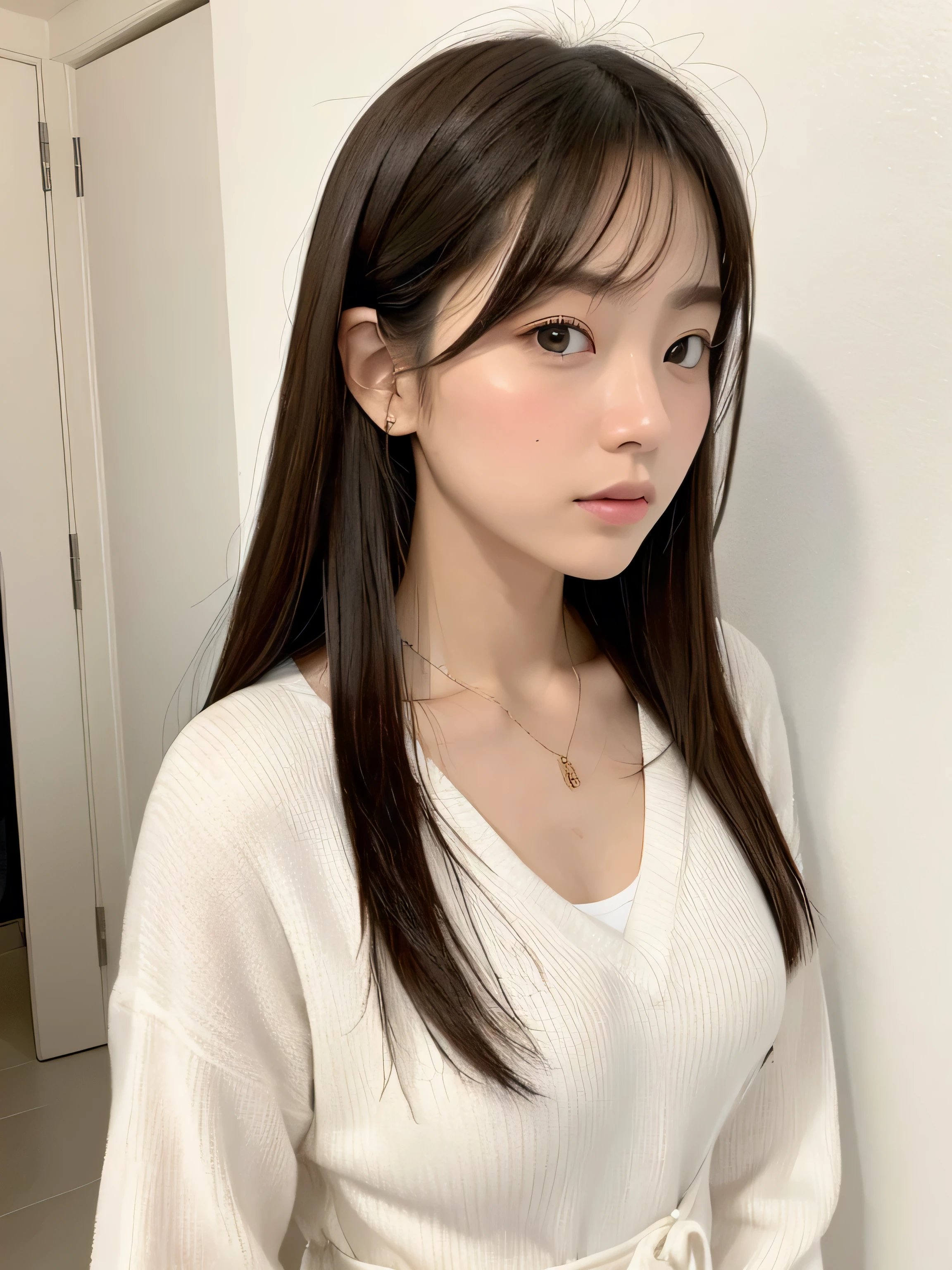 (very realistic photo, High resolution, detailed face, fine eyes), japanese woman, 20-year-old, various expressions, alone:1, slim body shape, various hairstyles, casual clothes, 写真の中でalone、long sleeve dress、Photographed in natural light、white wall、Taken in front of the white door、(窓のあるwhite wallの部屋)、simple necklace、spring clothes、Don'don't look at the camera、profile、dark brown hair color