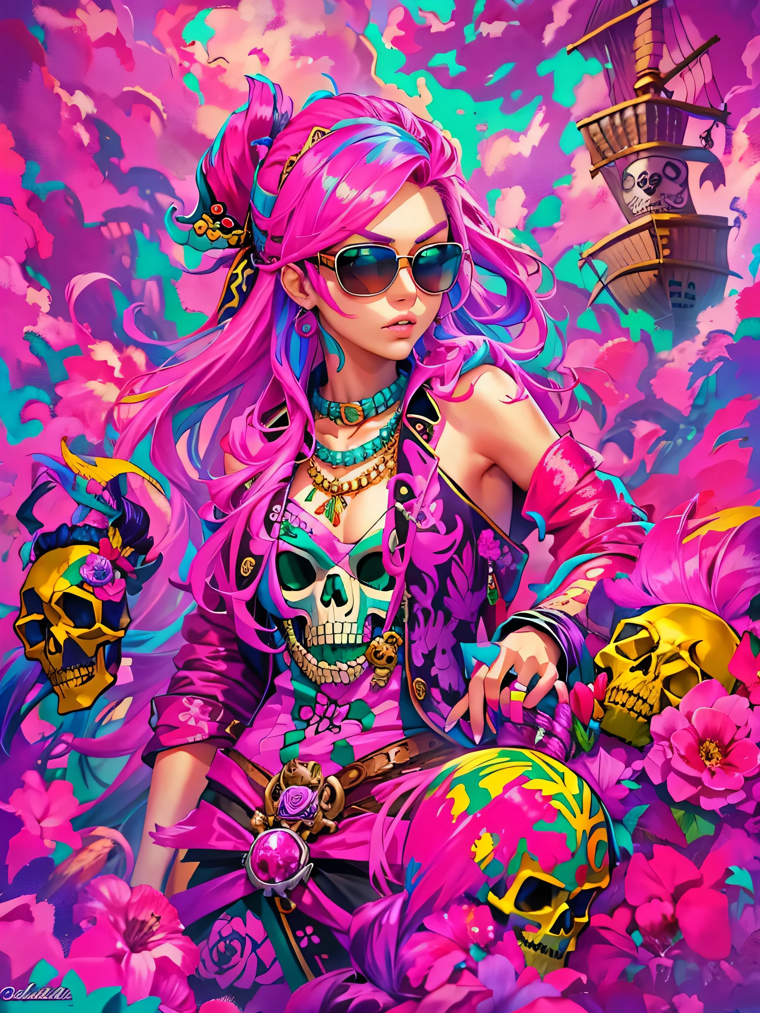 official art，unity 8k wallpaper，Super detailed，Works by stars of the beauty and esthetics industry，highest quality，（and colorful graffiti walls），1 girl，pink hair，green eyes，very detailed，dynamic angle，Pirate Shots，the most beautiful form of chaos，elegant，beastly design，bright colors，romanticism，(((The strongest pirate girl in history)))，((Stylish sunglasses))、(stylish cap)、(((skull fashion)))、small breasts, (((colorful doodle art))), colorful flowers、colorful hair, provocative