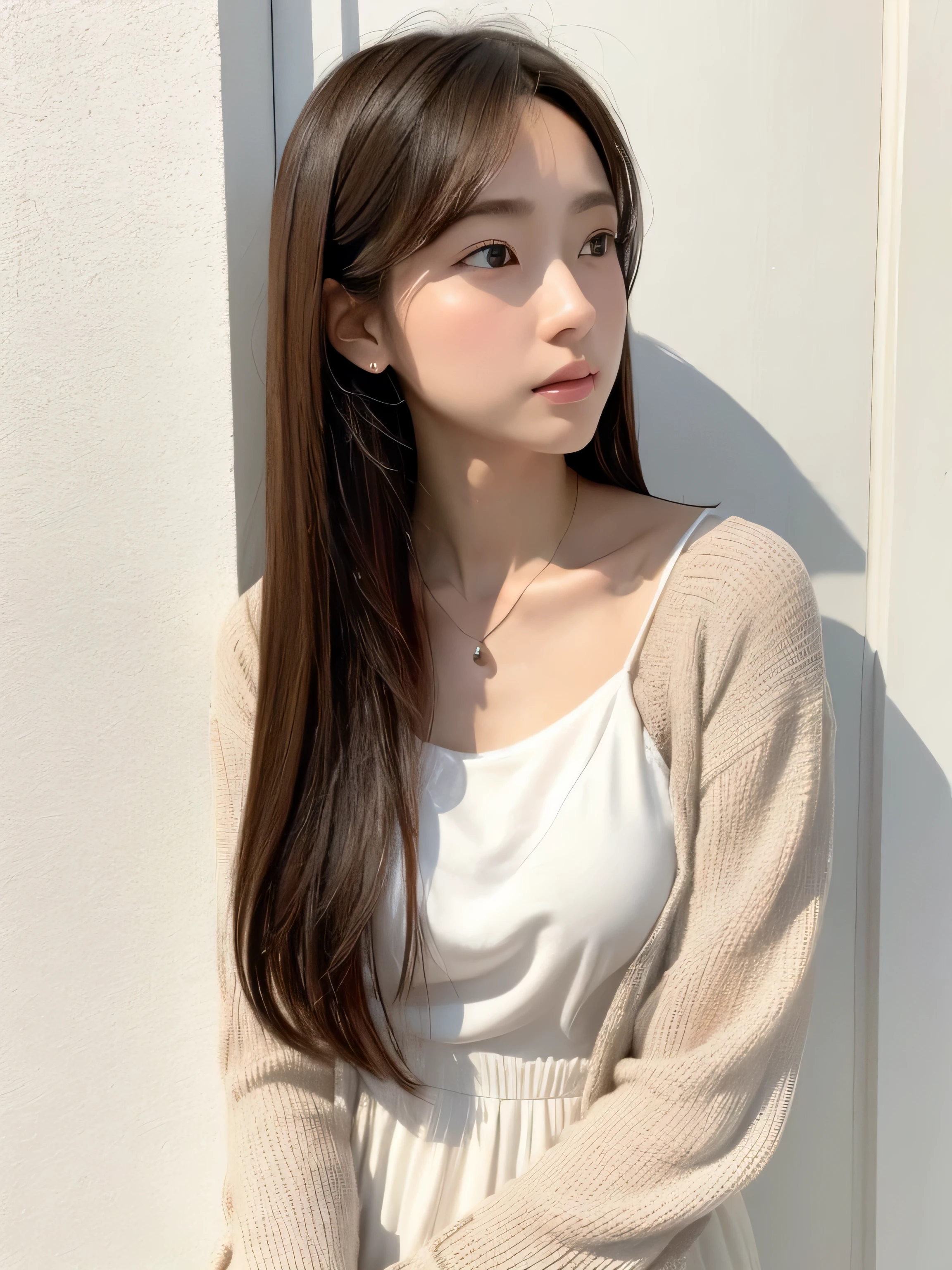 (very realistic photo, High resolution, detailed face, fine eyes), japanese woman, 20-year-old, various expressions, alone:1, slim body shape, various hairstyles, casual clothes, 写真の中でalone、long sleeve dress、Photographed in natural light、white wall、Taken in front of the white door、(窓のあるwhite wallの部屋)、simple necklace、spring clothes、Don&#39;don&#39;t look at the camera、profile、dark brown hair color