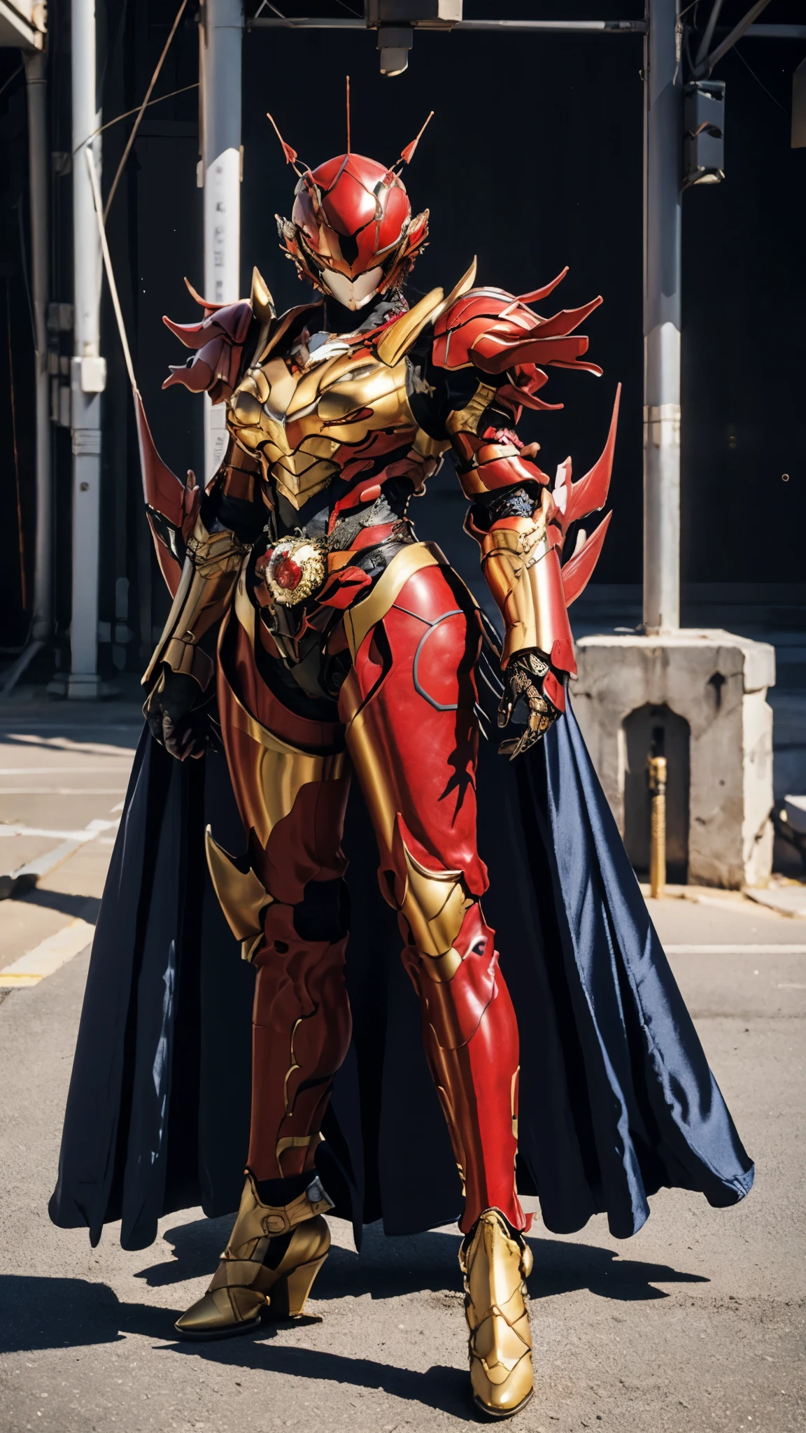 A woman adorned in fantasy-style full-body armor, a crown-concept fully enclosed helmet that unveils only her eyes, a composite layered chest plate, fully encompassing shoulder and hand guards, a lightweight waist armor, form-fitting shin guards, the overall design is heavy-duty yet flexible, ((the armor gleams with a golden glow, complemented by red and blue accents)), exhibiting a noble aura, she floats above a fantasy-surreal high-tech city, this character embodies a finely crafted fantasy-surreal style armored hero in anime style, exquisite and mature manga art style, (Queen bee mixed with Spider concept Armor), ((real woman, beautiful woman, photorealistic, elegant, goddess, femminine:1.5)), metallic, high definition, best quality, highres, ultra-detailed, ultra-fine painting, extremely delicate, professional, anatomically correct, symmetrical face, extremely detailed eyes and face, high quality eyes, creativity, RAW photo, UHD, 32k, Natural light, cinematic lighting, masterpiece-anatomy-perfect, masterpiece:1.5