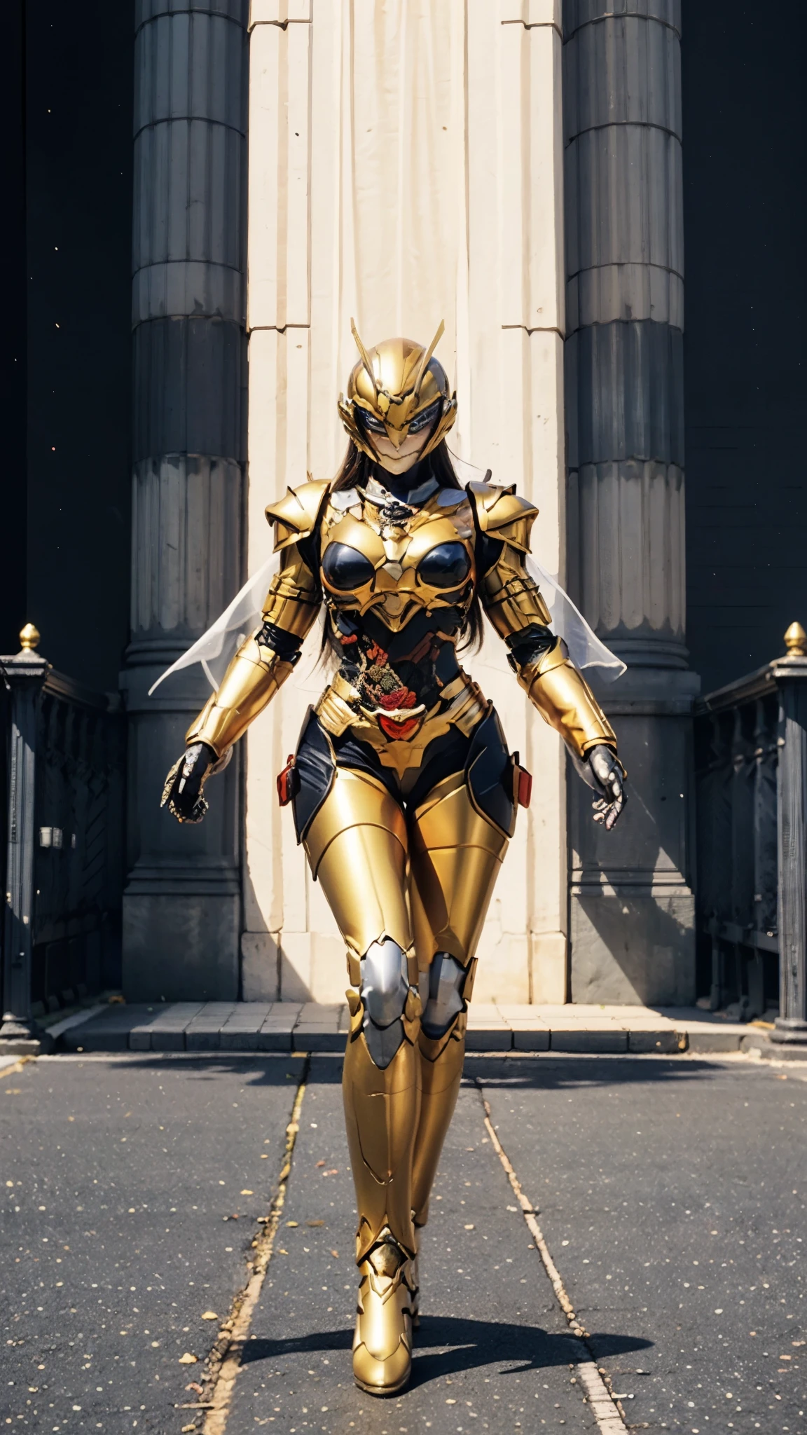 A woman adorned in fantasy-style full-body armor, a crown-concept fully enclosed helmet that unveils only her eyes, a composite layered chest plate, fully encompassing shoulder and hand guards, a lightweight waist armor, form-fitting shin guards, the overall design is heavy-duty yet flexible, ((the armor gleams with a golden glow, complemented by red and blue accents)), exhibiting a noble aura, she floats above a fantasy-surreal high-tech city, this character embodies a finely crafted fantasy-surreal style armored hero in anime style, exquisite and mature manga art style, (Queen bee mixed with Spider concept Armor), ((real woman, beautiful woman, photorealistic, elegant, goddess, femminine:1.5)), metallic, high definition, best quality, highres, ultra-detailed, ultra-fine painting, extremely delicate, professional, anatomically correct, symmetrical face, extremely detailed eyes and face, high quality eyes, creativity, RAW photo, UHD, 32k, Natural light, cinematic lighting, masterpiece-anatomy-perfect, masterpiece:1.5