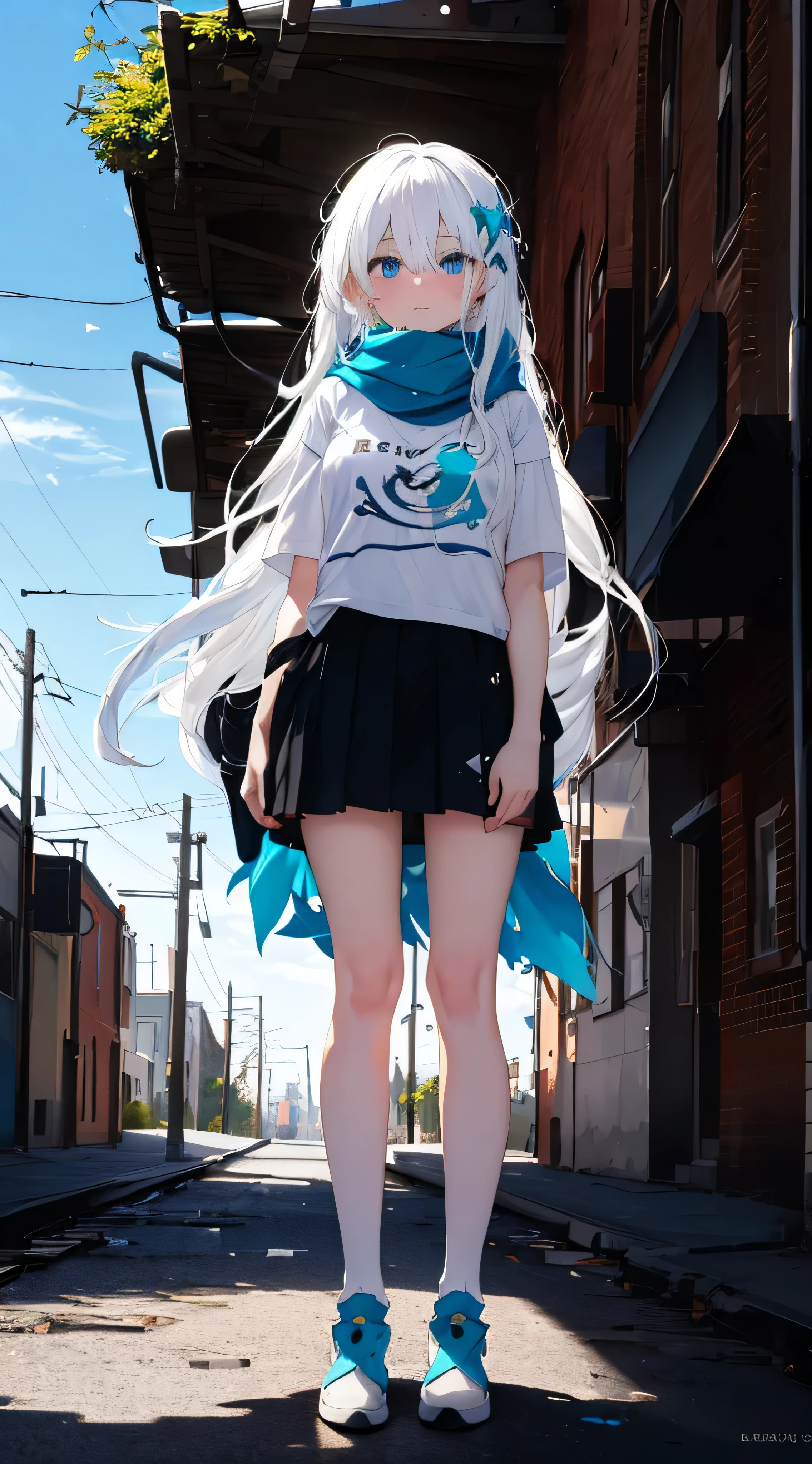 (masterpiece, 8K, very accurate, clear picture, full HD), 1girl, (a girl 16 years old), (white hair), long hair, bangs, bright blue eyes, embarassed face, white T - shirt,  cyan scarf, full body