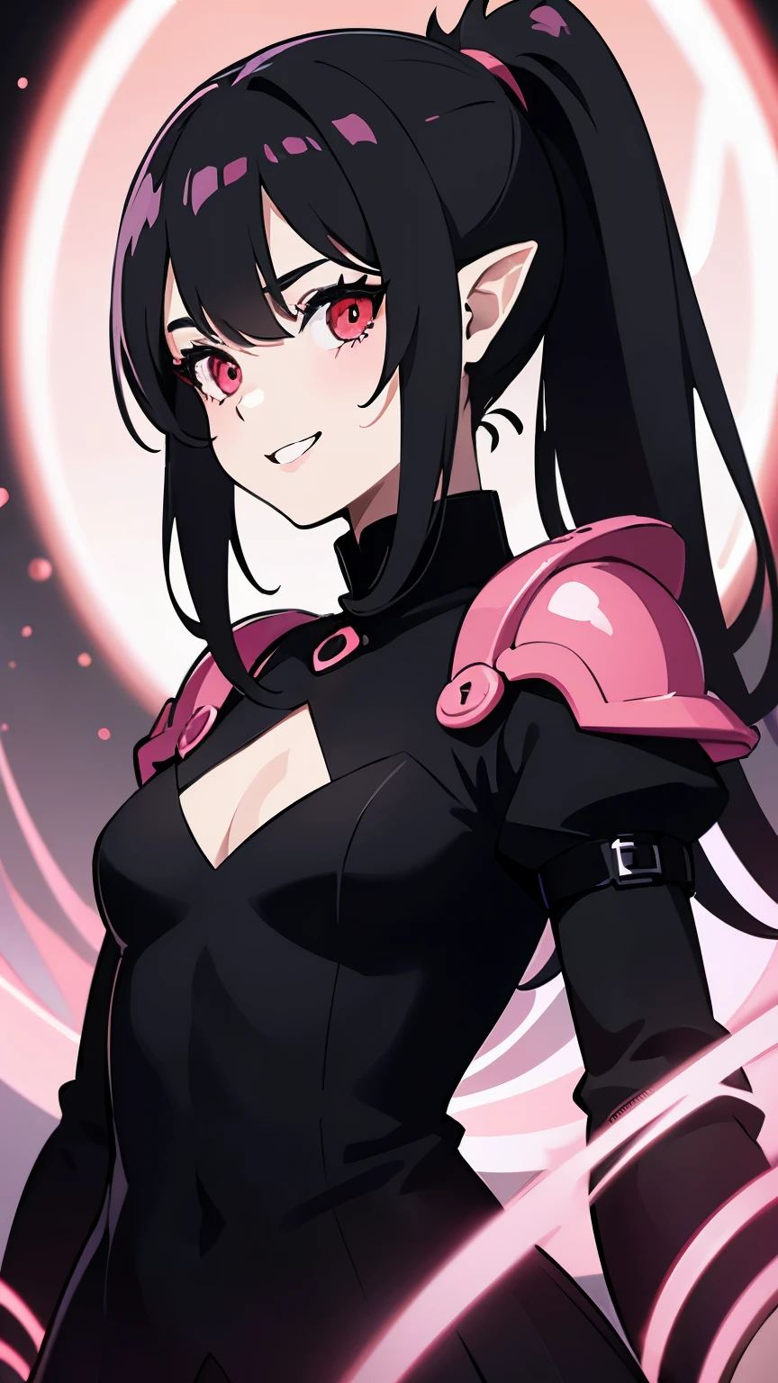 1girl, fairy girl, small, fairy wings, ((glowing pink fairy wings)), (fairy wings), Black hair color, ponytail hairstyles, short ponytail, red eye color, wearing leather armor, silver shoulder pads, black clothes,(glowing eyes), high resolution, extremely detailed CG unity 8k wallpaper, ((masterpiece)), ((top-quality)), (beautiful illustration), ((an extremely delicate and beautiful)), (masterpiece, Best quality, ultra high resolution), 1 girl, pale skin, Black Crown, red eyes, Luminous_eyes, neon red eyes, ultra detailed eyes, Beautiful and detailed face, detailed eyes, (Centered, torso), (wide shot:0.9), facing the viewer, Eye level, (floating hair), character focus, ((black light)), ((dark lighting)), cinematic lighting ,(darkness), (concept art), ((energetic face)), wide open smile, waving excitedly, dark black hair, ((red eyes))