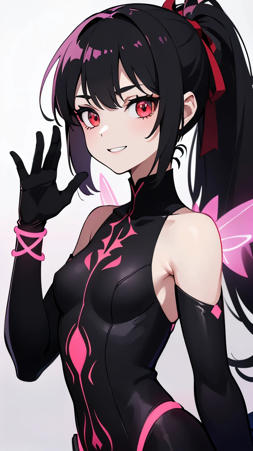 1girl, fairy girl, small, fairy wings, ((glowing pink fairy wings)), (fairy wings), Black hair color, ponytail hairstyles, short ponytail, red eye color, wearing leather armor, silver shoulder pads, black clothes,(glowing eyes), high resolution, extremely detailed CG unity 8k wallpaper, ((masterpiece)), ((top-quality)), (beautiful illustration), ((an extremely delicate and beautiful)), (masterpiece, Best quality, ultra high resolution), 1 girl, pale skin, Black Crown, red eyes, Luminous_eyes, neon red eyes, ultra detailed eyes, Beautiful and detailed face, detailed eyes, (Centered, torso), (wide shot:0.9), facing the viewer, Eye level, (floating hair), character focus, ((black light)), ((dark lighting)), cinematic lighting ,(darkness), (concept art), ((energetic face)), wide open smile, waving excitedly, dark black hair, ((red eyes))