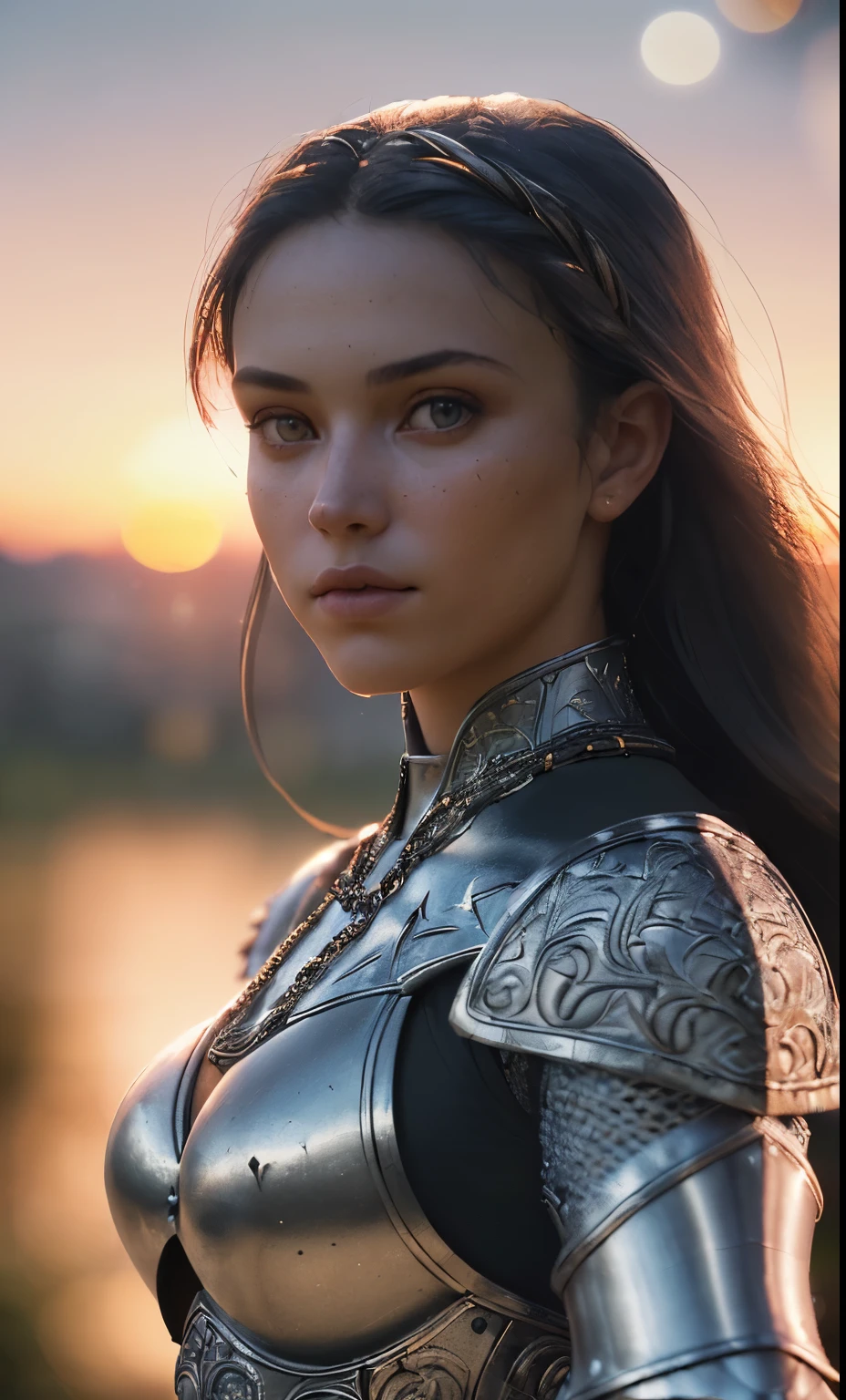 (masterpiece), (extremely intricate:1.3), (realistic), portrait of a girl, the most beautiful in the world, (medieval armor), metal reflections, upper body, outdoors, intense sunlight, far away castle, professional photograph of a stunning woman detailed, sharp focus, dramatic, award winning, cinematic lighting, octane render unreal engine, volumetrics dtx, (film grain, blurry background, blurry foreground, bokeh, depth of field, sunset, motion blur:1.3), chainmail